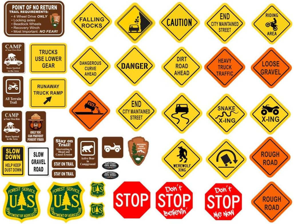 1/10 RC Rock Crawler - 41 Piece DIY Trail & Road Sign Set - Scale Garage Accessory Multiple
