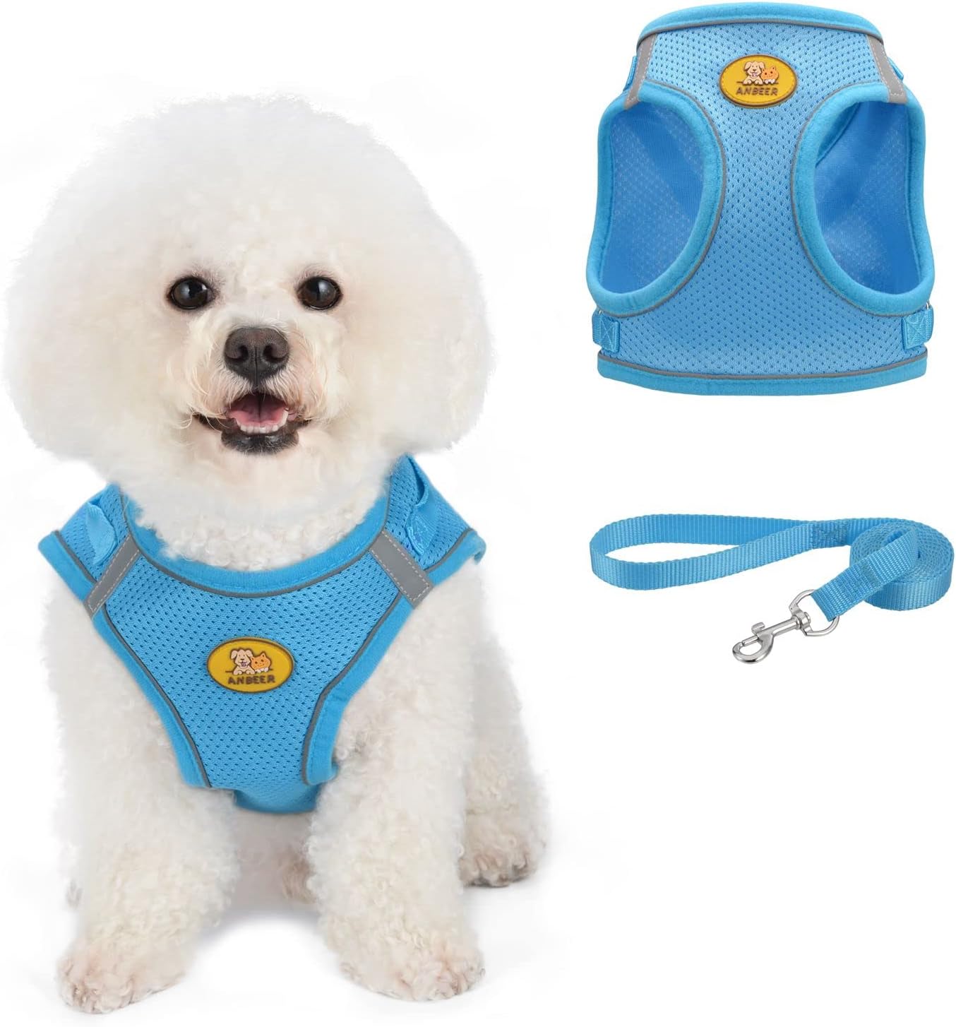 Anbeer Dog Harness and 5ft Leash, Adjustable Soft Padded Pet Vest with Reflective Band for Small and Medium Dogs (Blue-M)