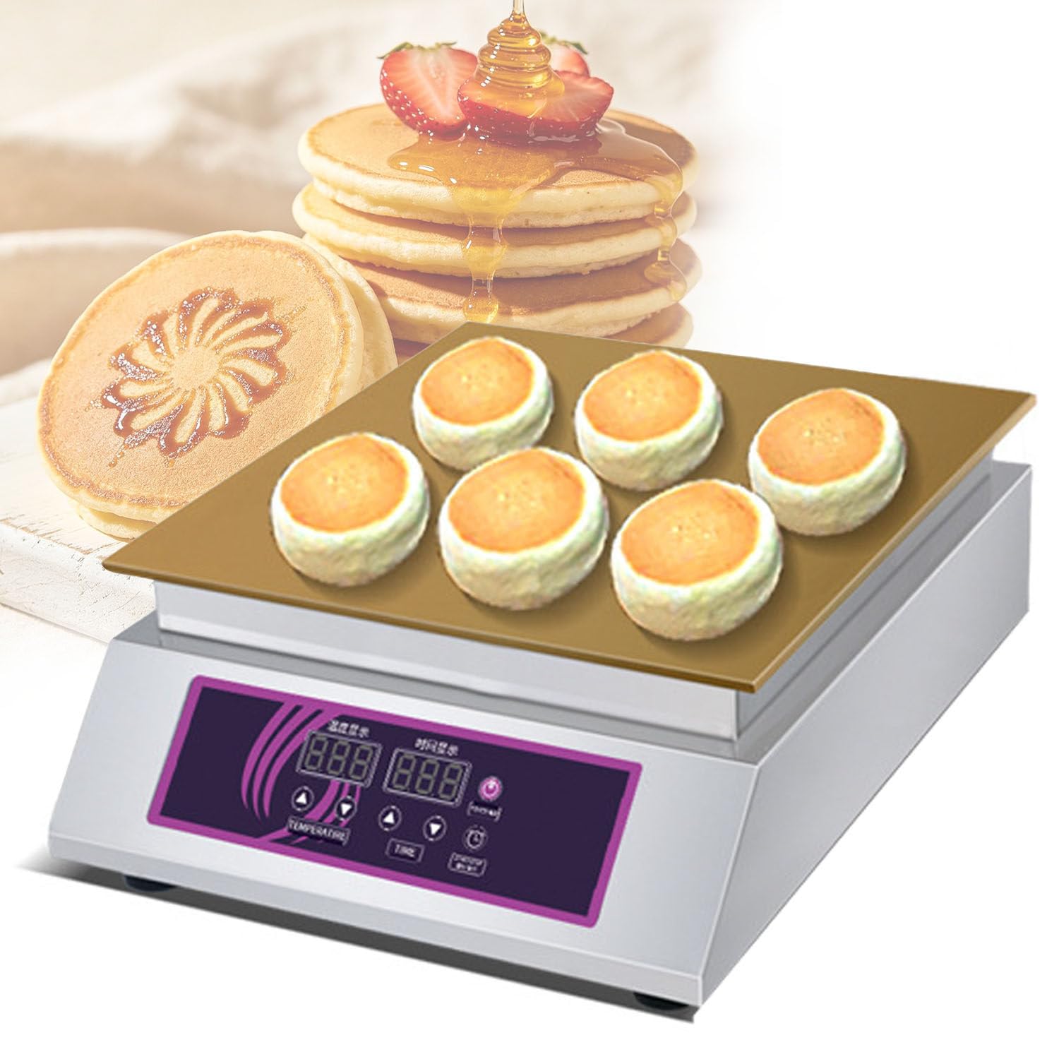 Ymnogjie Stainless Steel Electric Souffle Maker, Non-Stick Commercial Dorayaki & Pancake Griddle with 0-260℃ Adjustable Temp Control, 1300W/2600W Baking Machine for Bakery Single-NonVisibleLid