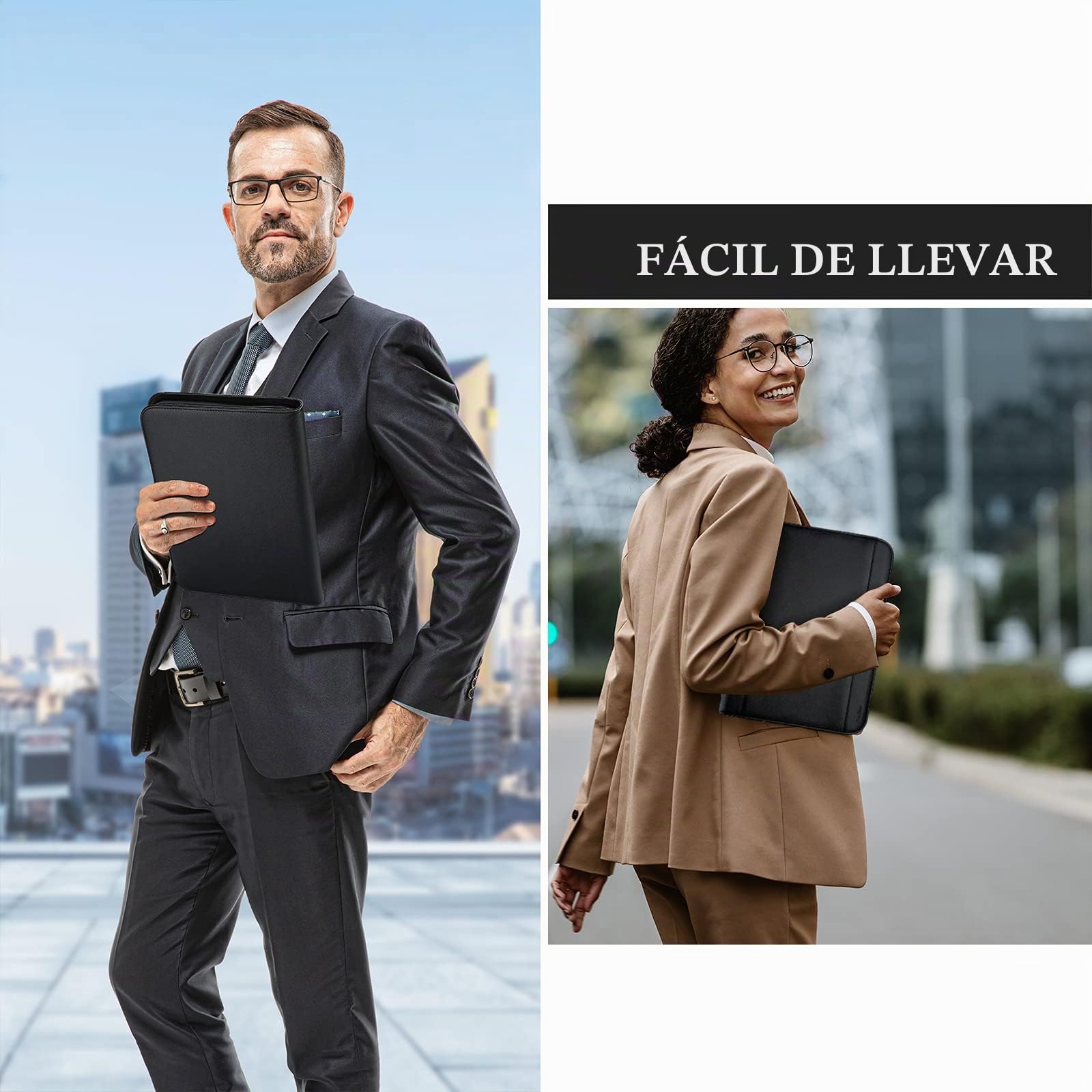 ProCase Portafolio Grande con Cremallera, Portacuaderno Profesional Organiza Documento/Tarjetas/Plumas, Bolsillo de Tableta y Móvil Carpeta de Cuaderno de Notas - Negro