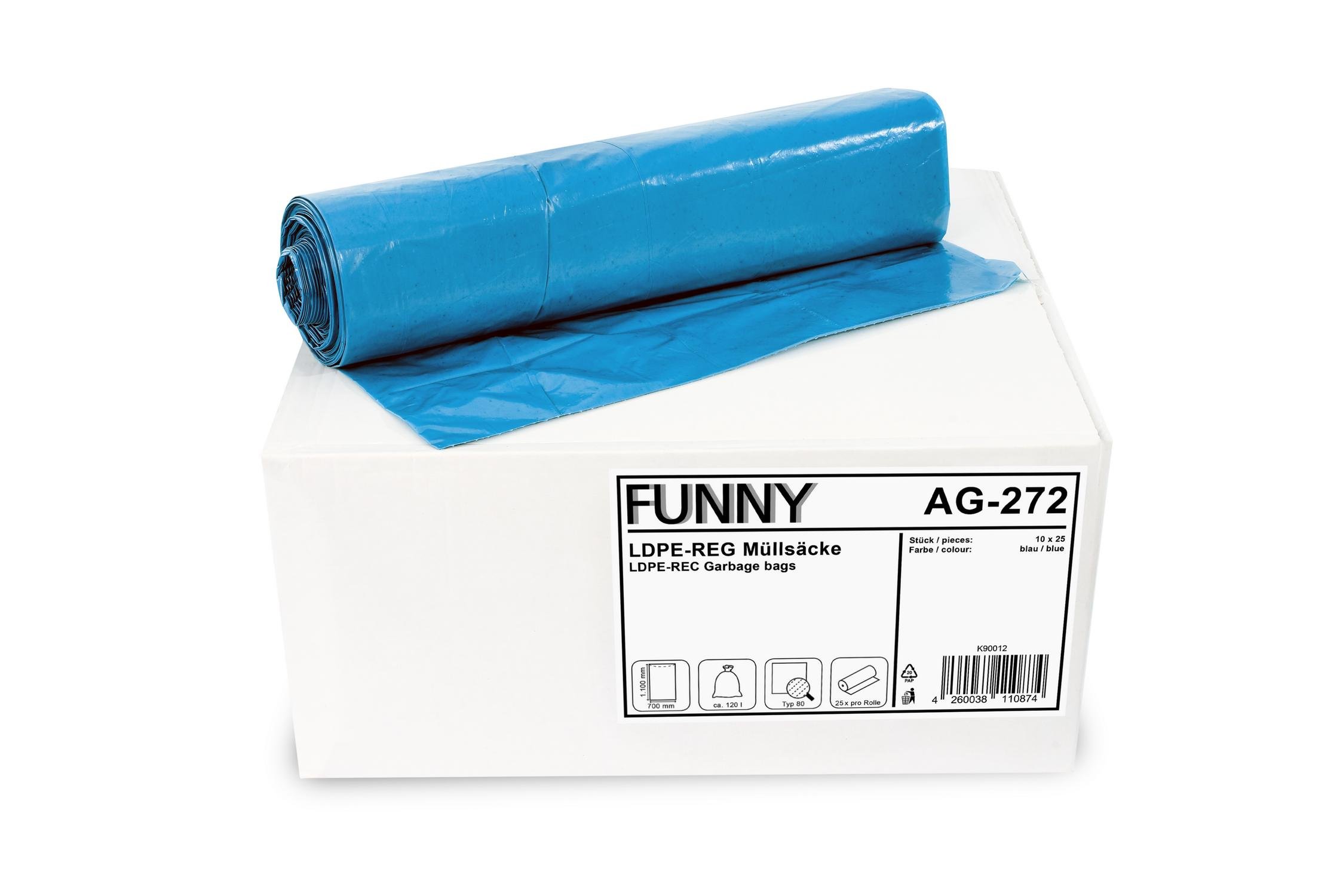 Funny AG-272 LDPE Müllsäcke, 700 x 1100 mm - Typ 80, Blau, Circa 120 L, 250 Stück