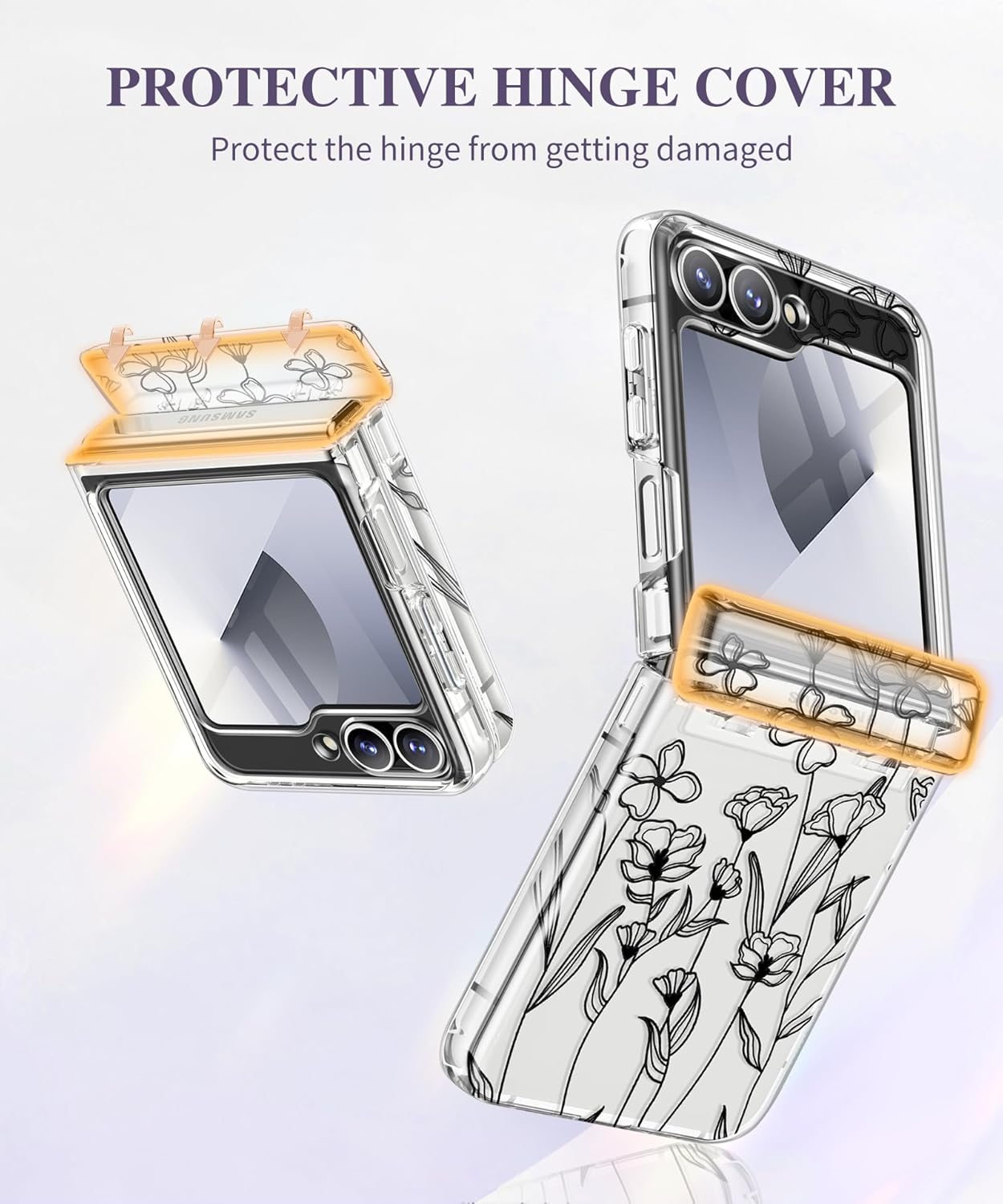 GVIEWIN Designed for Samsung Galaxy Z Flip 6 Case with Hinge Protection, Built in Front Screen Protector, Clear Floral Shockproof Protective Hard PC Women Phone Case for Z Flip6 (Sketch/Black)