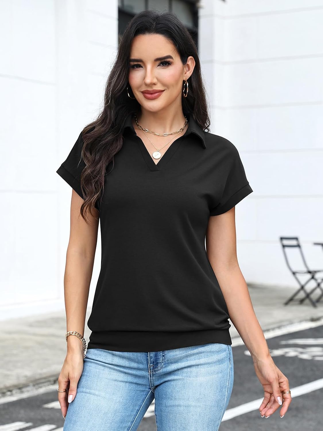 TICTICMISS Womens Cap Sleeve Summer Tops Banded Bottom Polo Shirts Business Casual Collared V Neck Blouses 2026