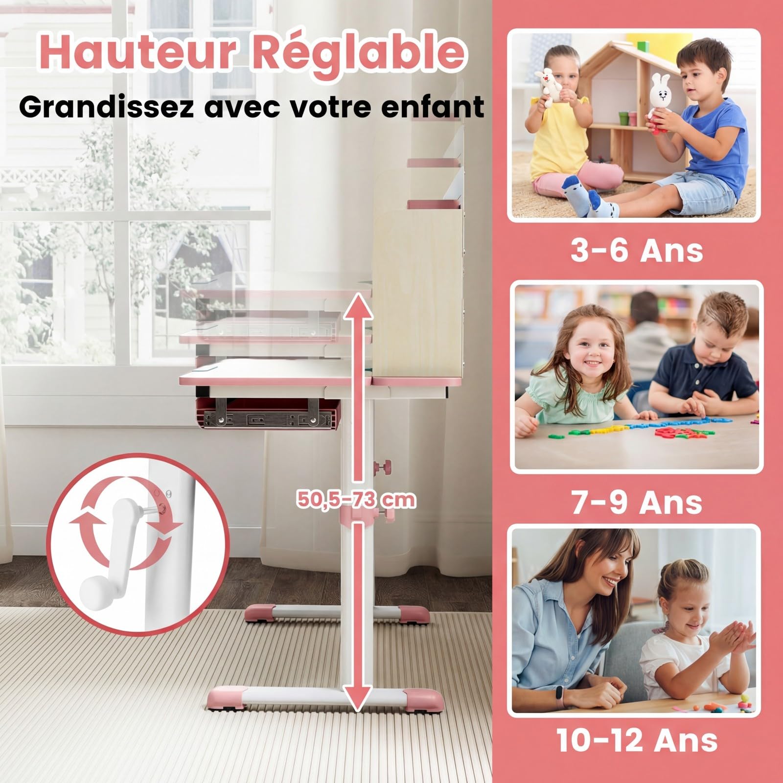 DREAMADE Bureau Enfant 2 Niveau Plateau Inclinable Hauteur Réglable Table d'Étude Ergonomique Bibliothèque Tiroir Charge 100KG Rose
