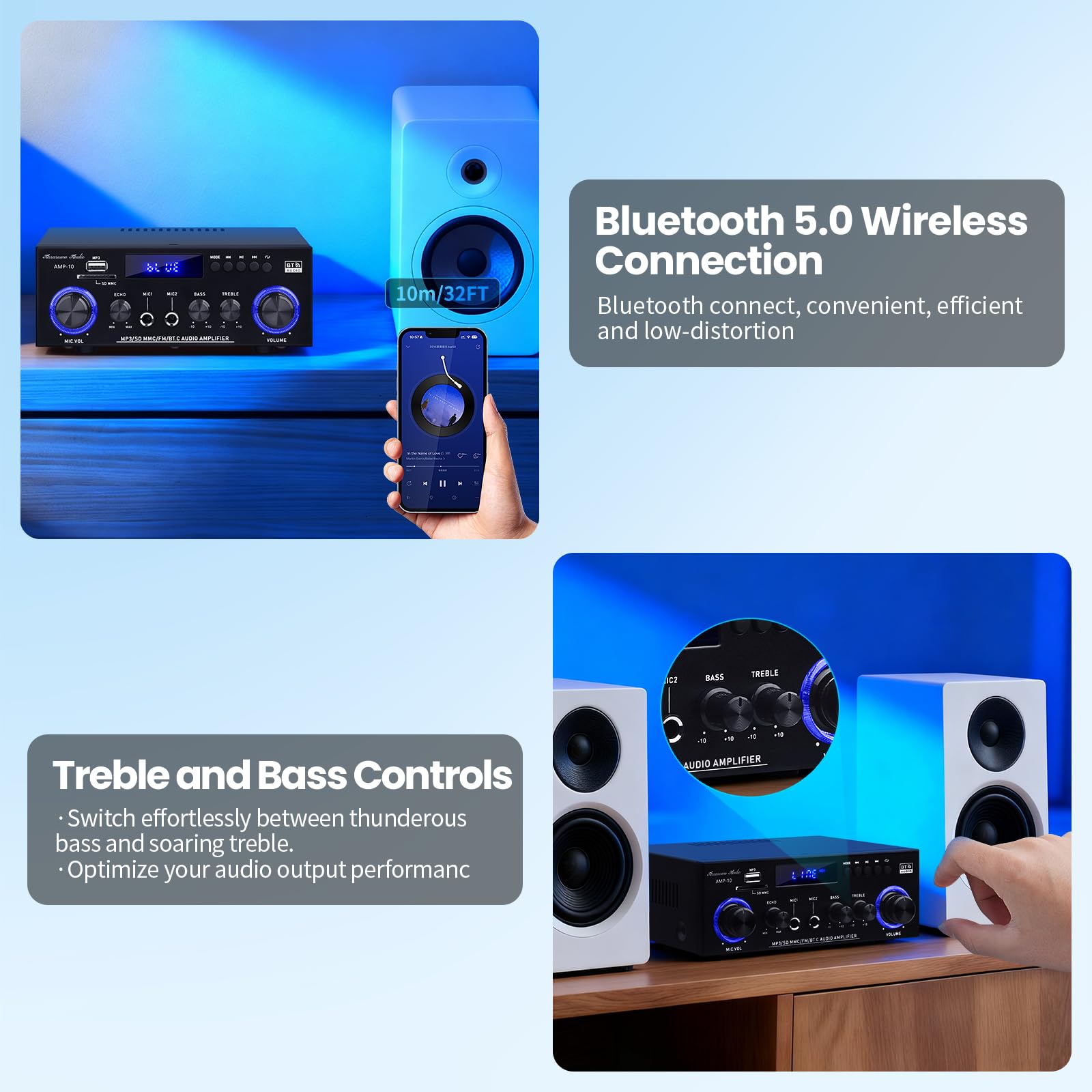 AMP-10 Bluetooth Amplifier RMS 50WX2 Home Stereo Audio Amplifier 2.0K Max 600W Output Mini Power Amplifier with FM Radio Echo Microphone USB SD Input for Home - 5