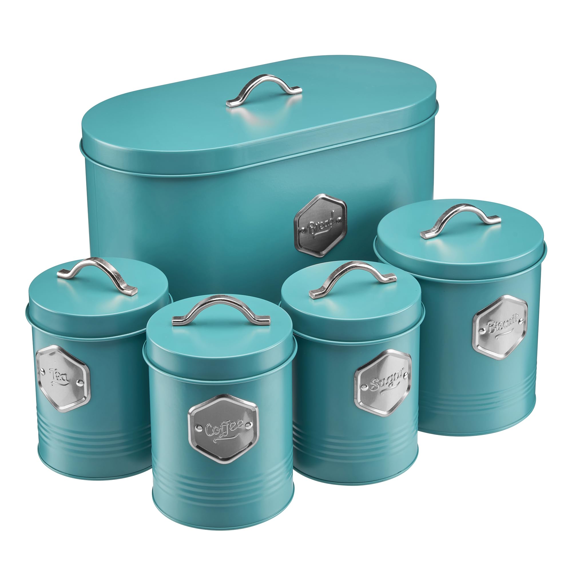 Cooks Professional 5 Piece Tea Coffee Sugar Bread & Biscuit Cannister Set | Labelled Storage Tins | Containers with Airtight Lids | Canisters for Kitchen Accessories & Essentials | Teal/Silver