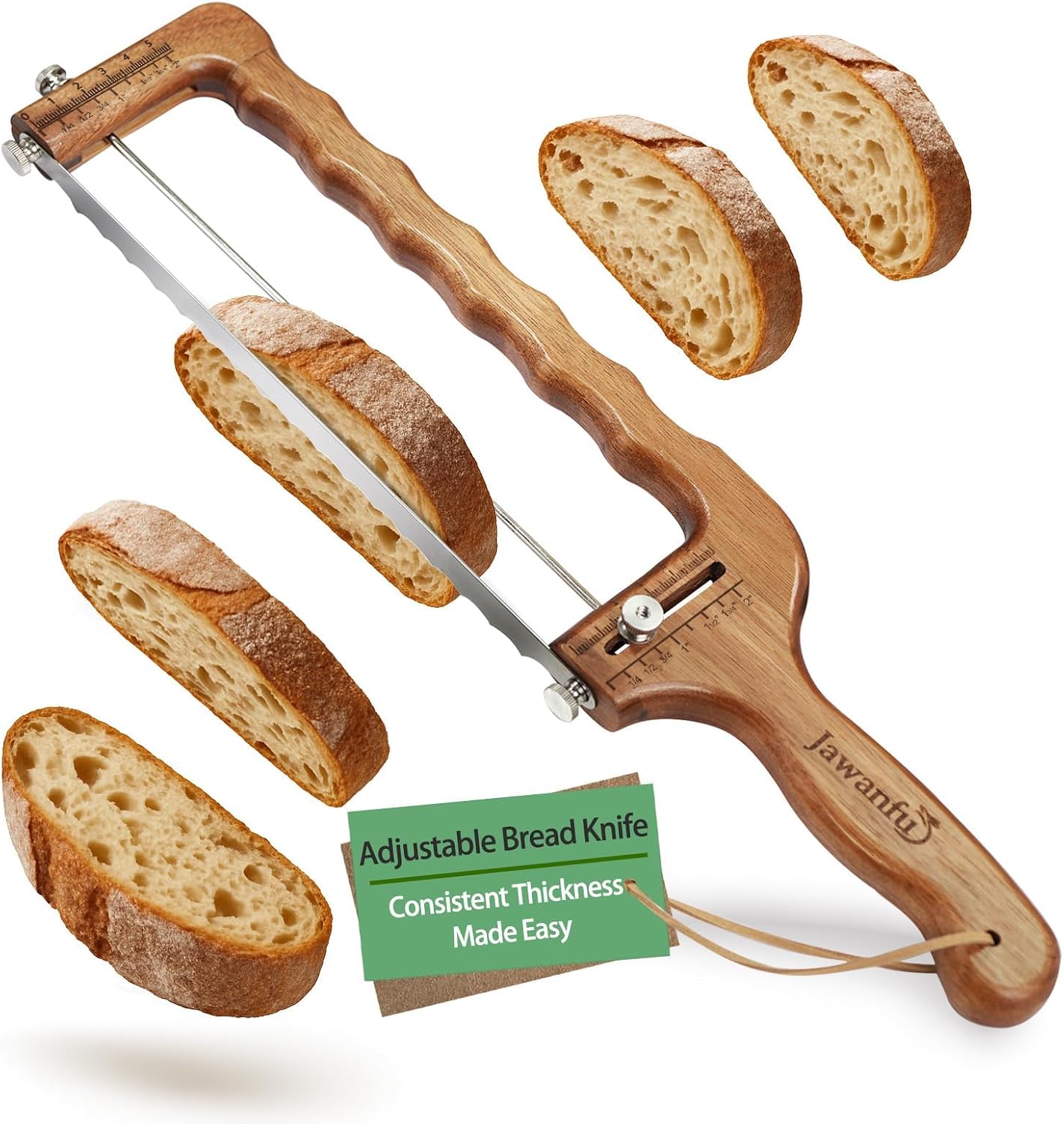 Adjustable Bread Slicer for Sourdough& Homemade Bread | Thickness Guide, Sharp Stainless Serrated Blade, Wooden Frame, Precision Bread Cutter