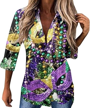 WYTong Mardi Gras Shirts for Women Fancy Mask Printed 3/4 Sleeve Blouse Button Down V Neck Carnival Themed Outfit Top