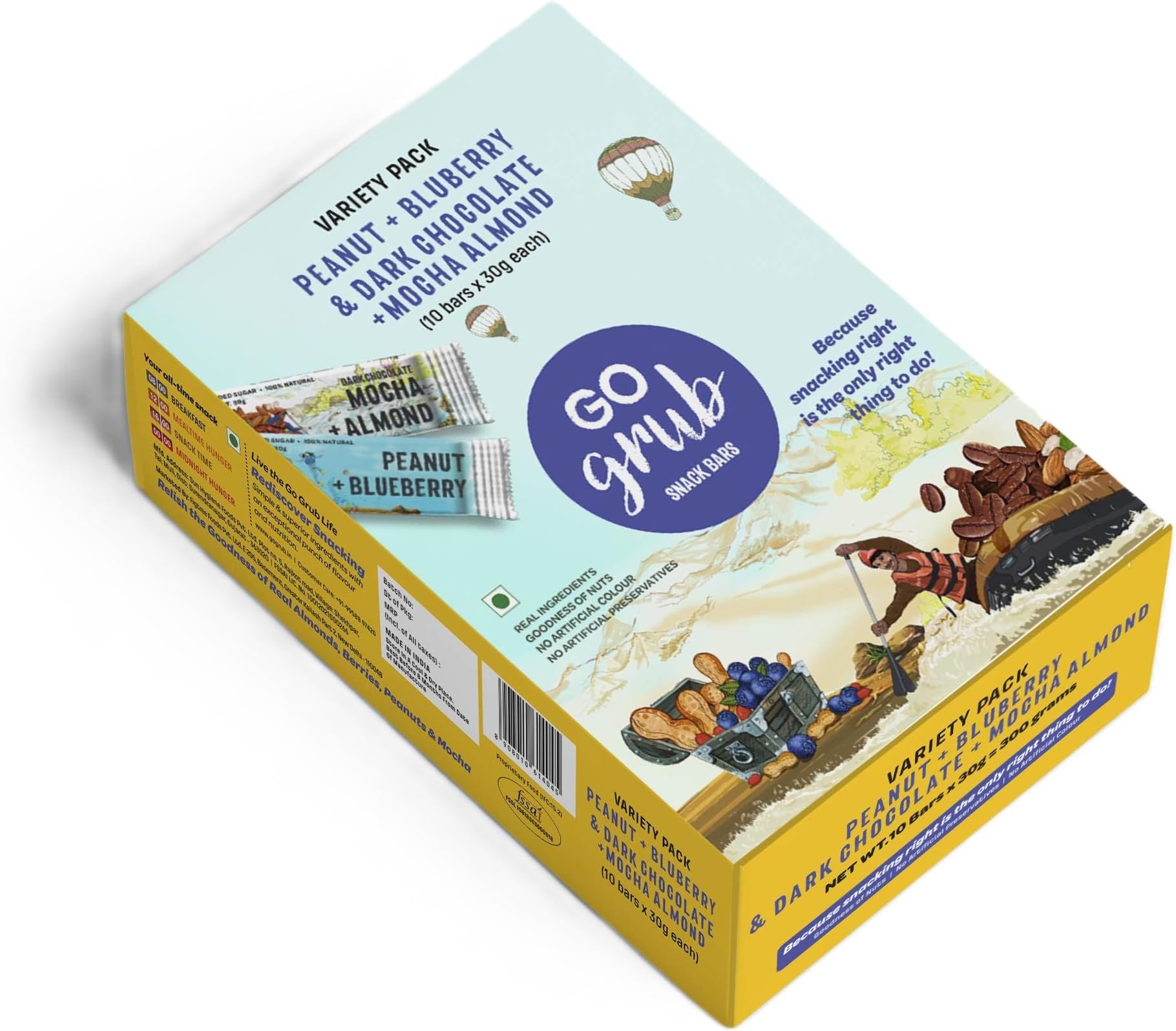Go Grub - Variety Box | 5 Mocha Almond+ 5 Peanut Blueberry Bars | Crunchy Energy Bars with Peanuts, Real Almonds & Berries | No Preservative | 100% Vegetarian | Healthy Snack | Pack of 10