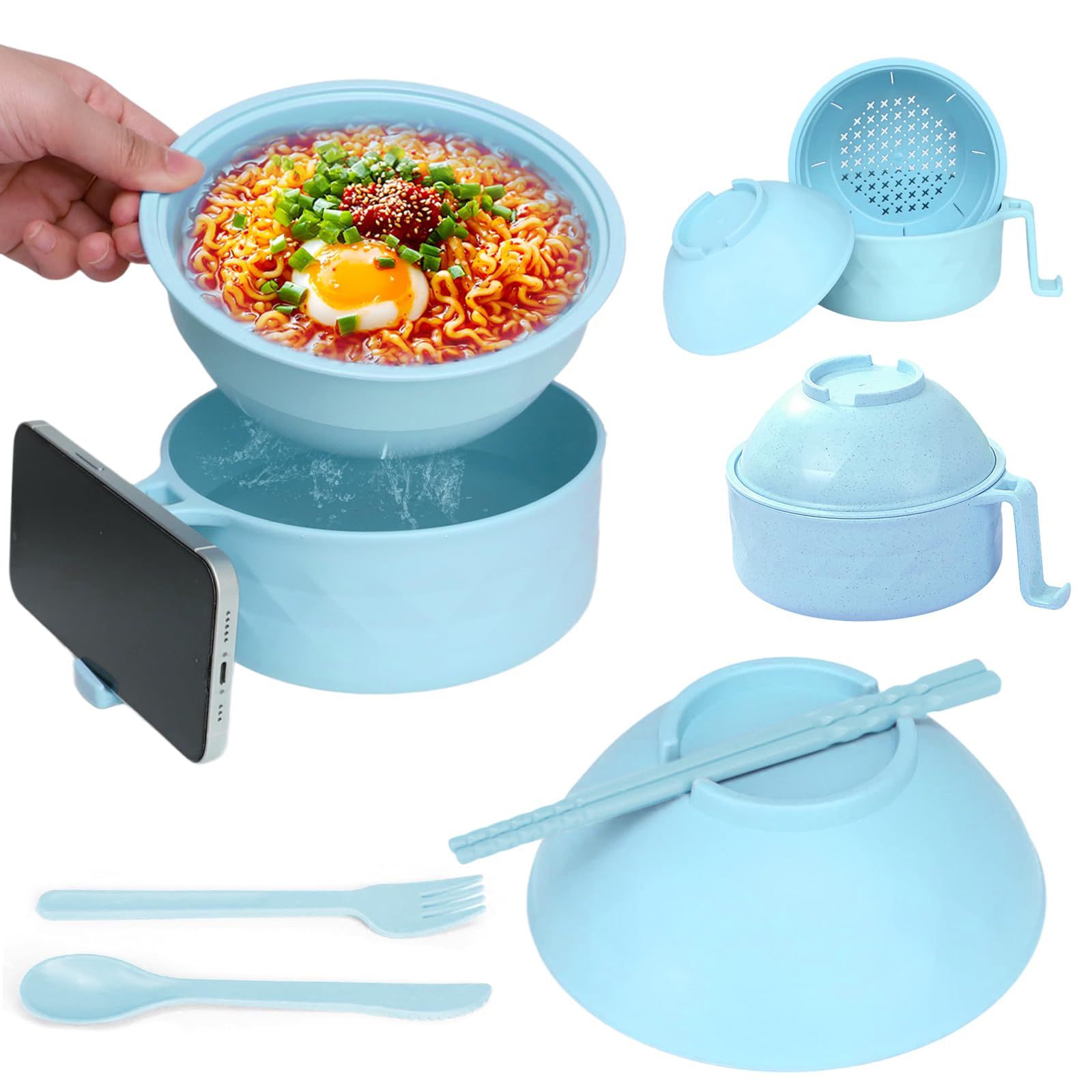 EOAMGO Noodle Bowl with Lid, Ramen Bowl Set, Microwave Noodle Bowl with Chopsticks and Fork, Instant Noodle Pot Soup Bowl with Lid, 1200ml Portable Large Ramen Bowl with Salad Bowl, BPA Free (Blue)