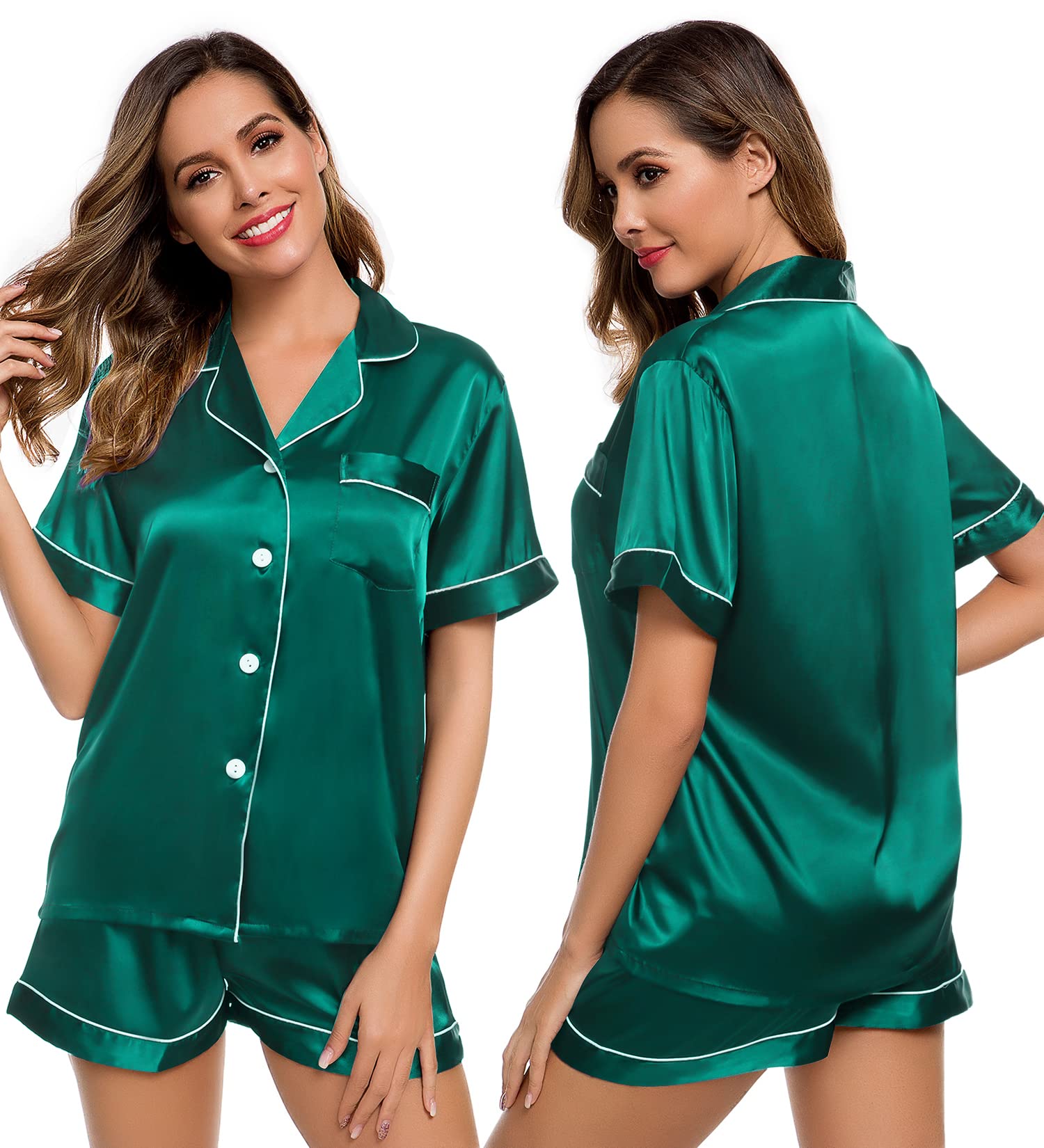 LecGee Womens Silk Satin Pajamas Short Sleeve Loungewear Two-Piece Sleepwear Button-Down Pj Set