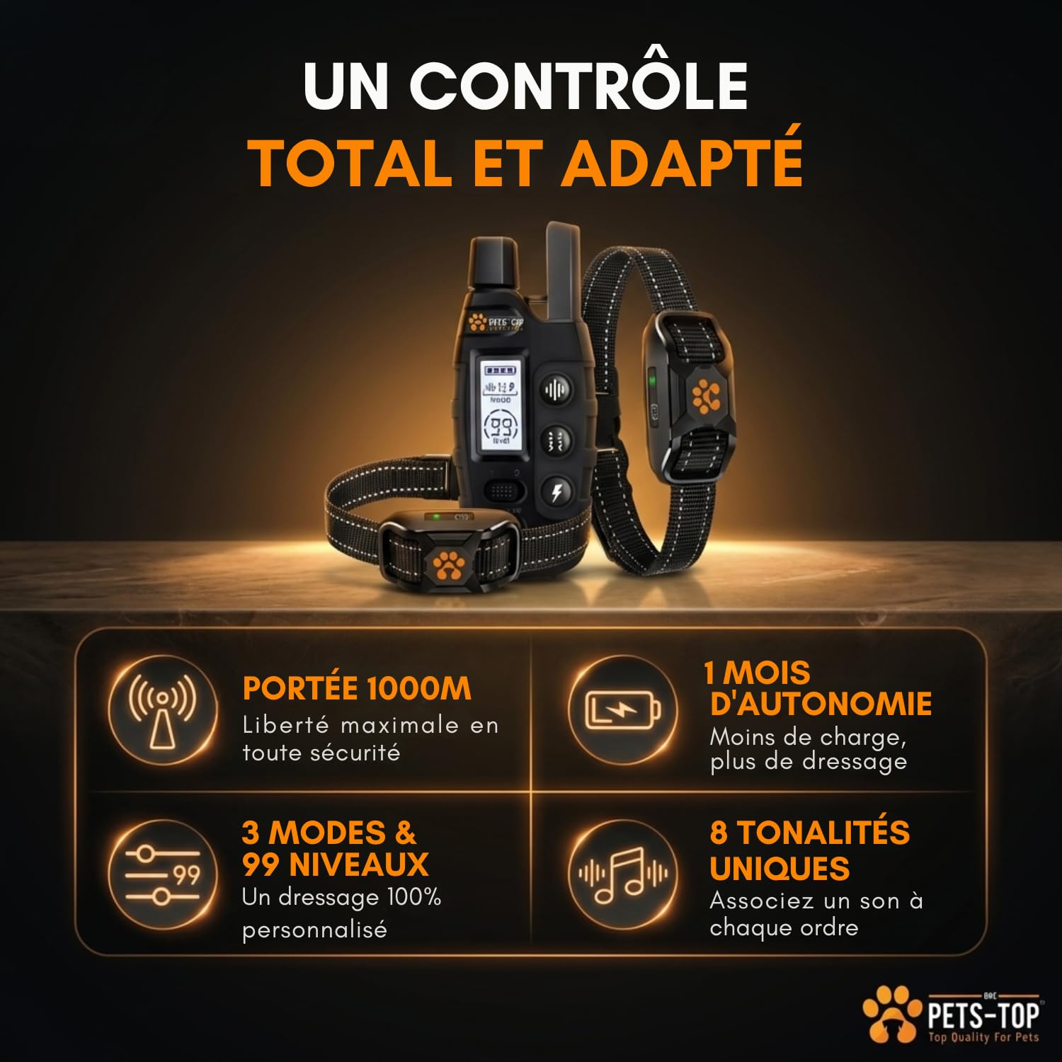One PETS-TOP Collier de Dressage Chien – Collier Anti Fugue Étanche IPX7 avec Télécommande – 3 Modes : Bip, Vibration, Stimulation Electrostatique – pour Chiens de Toutes Tailles (Pack 1 Chien)