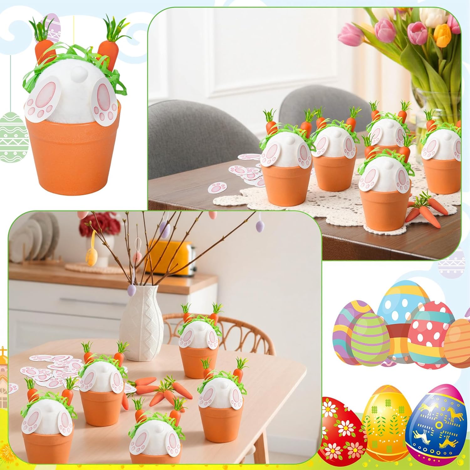 Gandeer 24 Sets DIY Easter Bunny Crafts Kit Include Mini Flowerpot Bunny Butt Tail Pompoms Carrot Foot Card Glue Raffia Rabbit Crafts Decor for Family School Easter Holiday Party Desktop Supplies