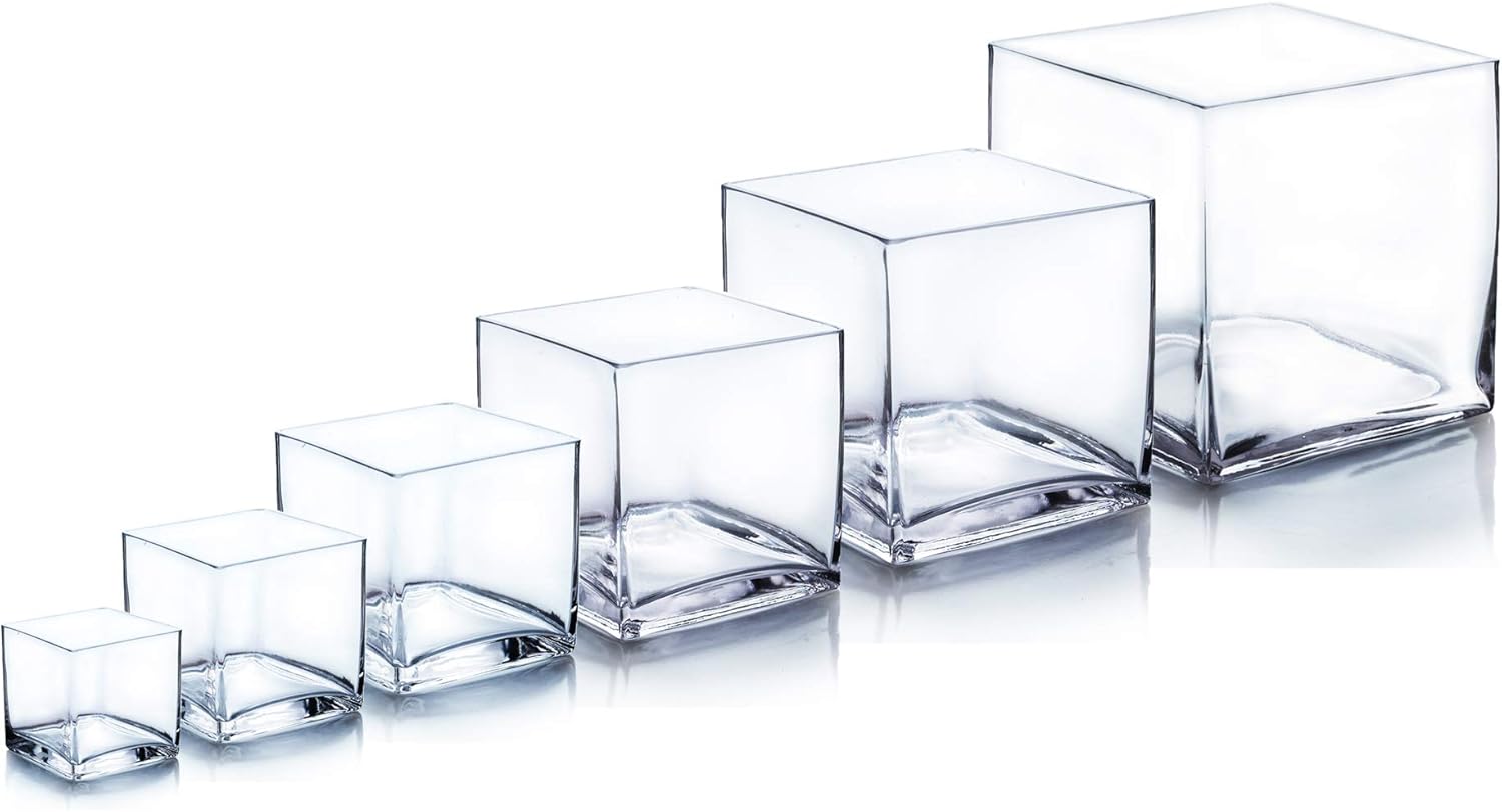 WGV Cube Glass Vase, Candle Holder, 8"x8"x8", Clear Elegant Floral Accent Container Planter Terrarium Storage for Wedding Party Ceremony Event Office Home Decor, 1 Piece