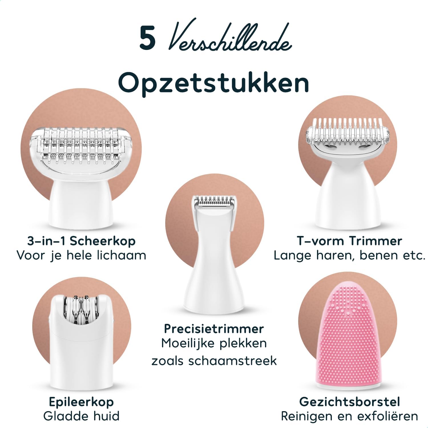 Five different interchangeable heads for the Wellshave Ladyshave
