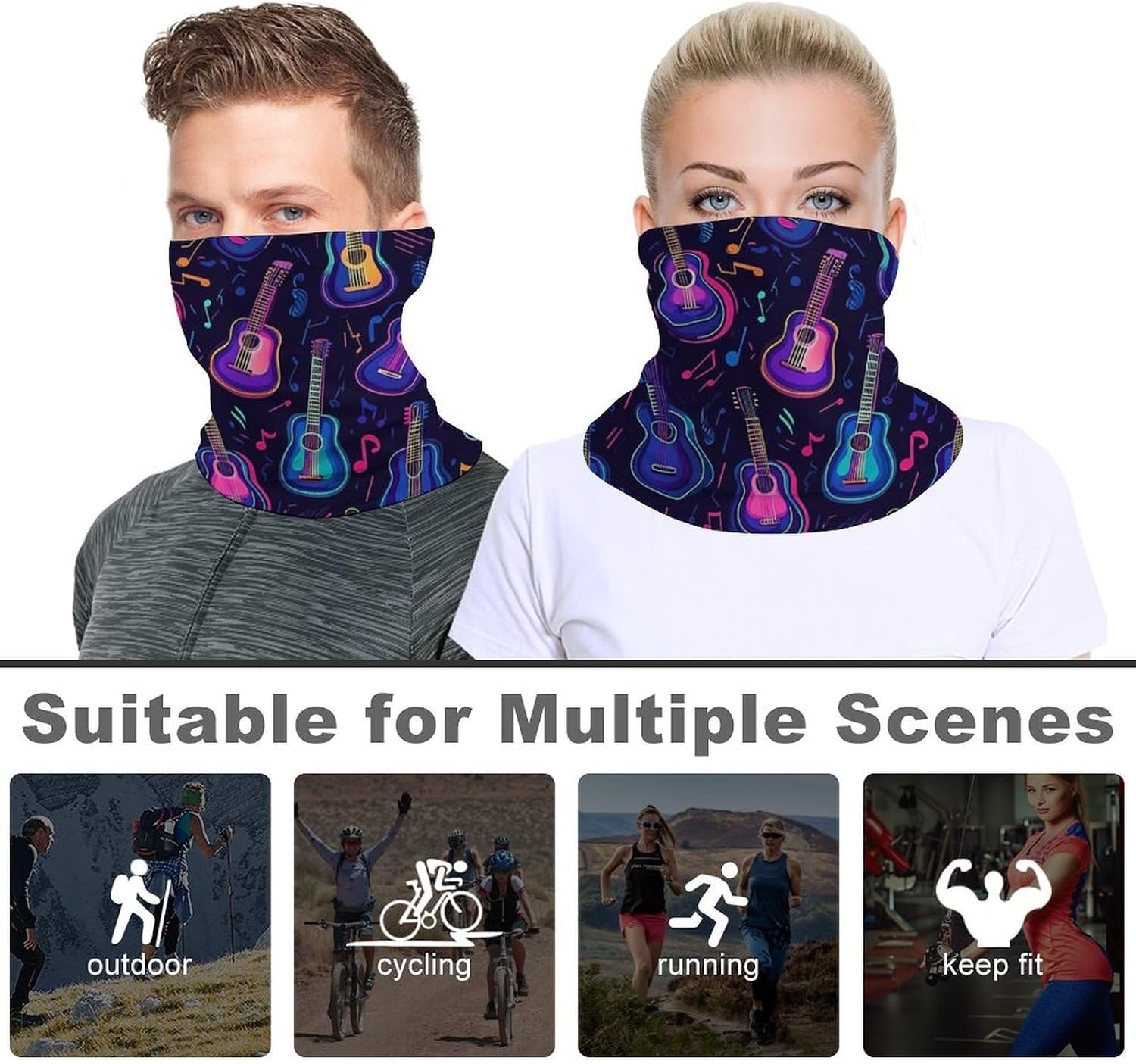Guitar Music Notes Neck Gaiter Multifunctional Face Mask Windproof Head Wrap for Men Women