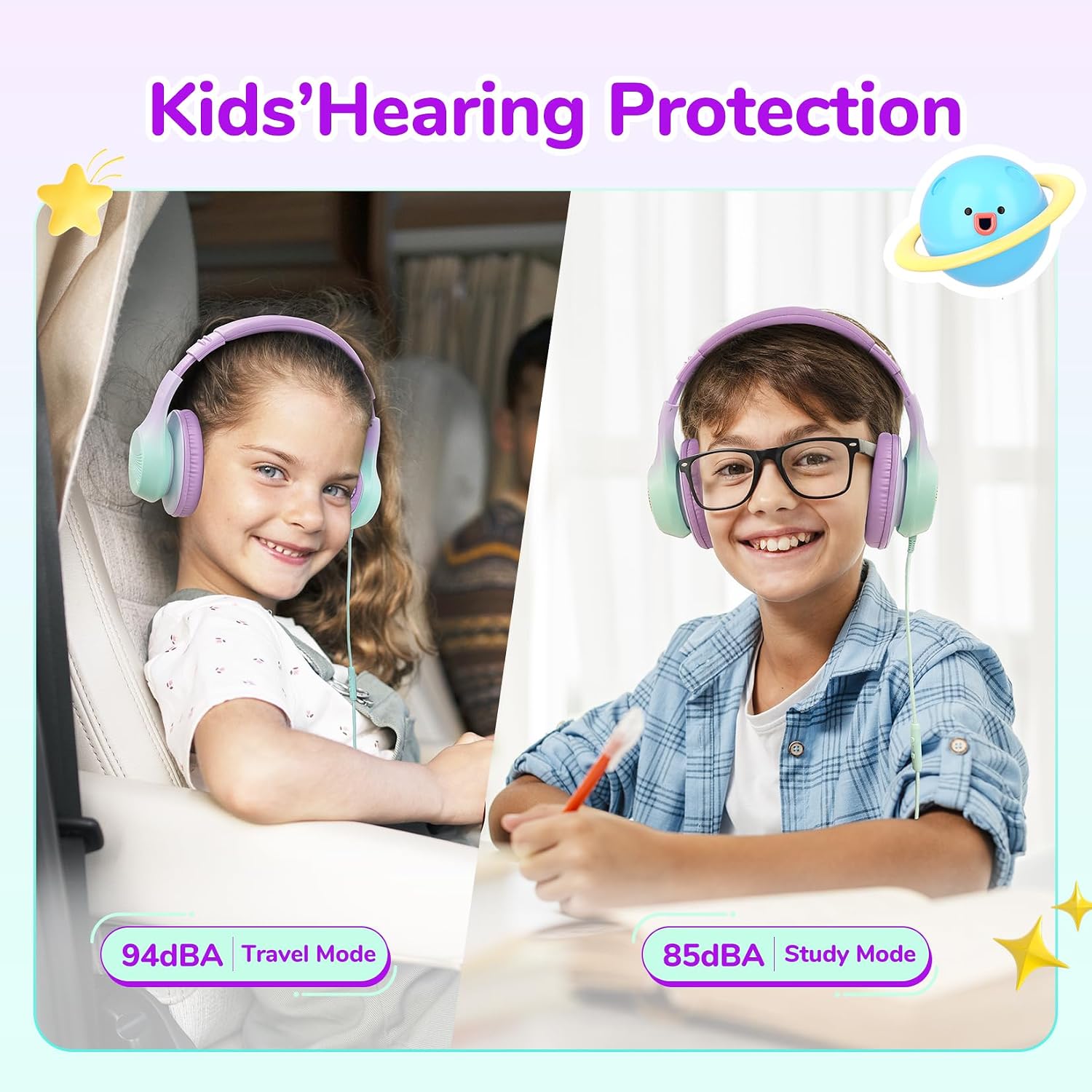 EarFun K3 Kids Headphones, Over Ear Headphones with Microphones, 85/94dB Volume Limit, HD Stereo Sound, Foldable Wired Headphone for School/Travel/Boys/Girls/Tablet/iPad (3.5mm Plug with Mic, Purple)
