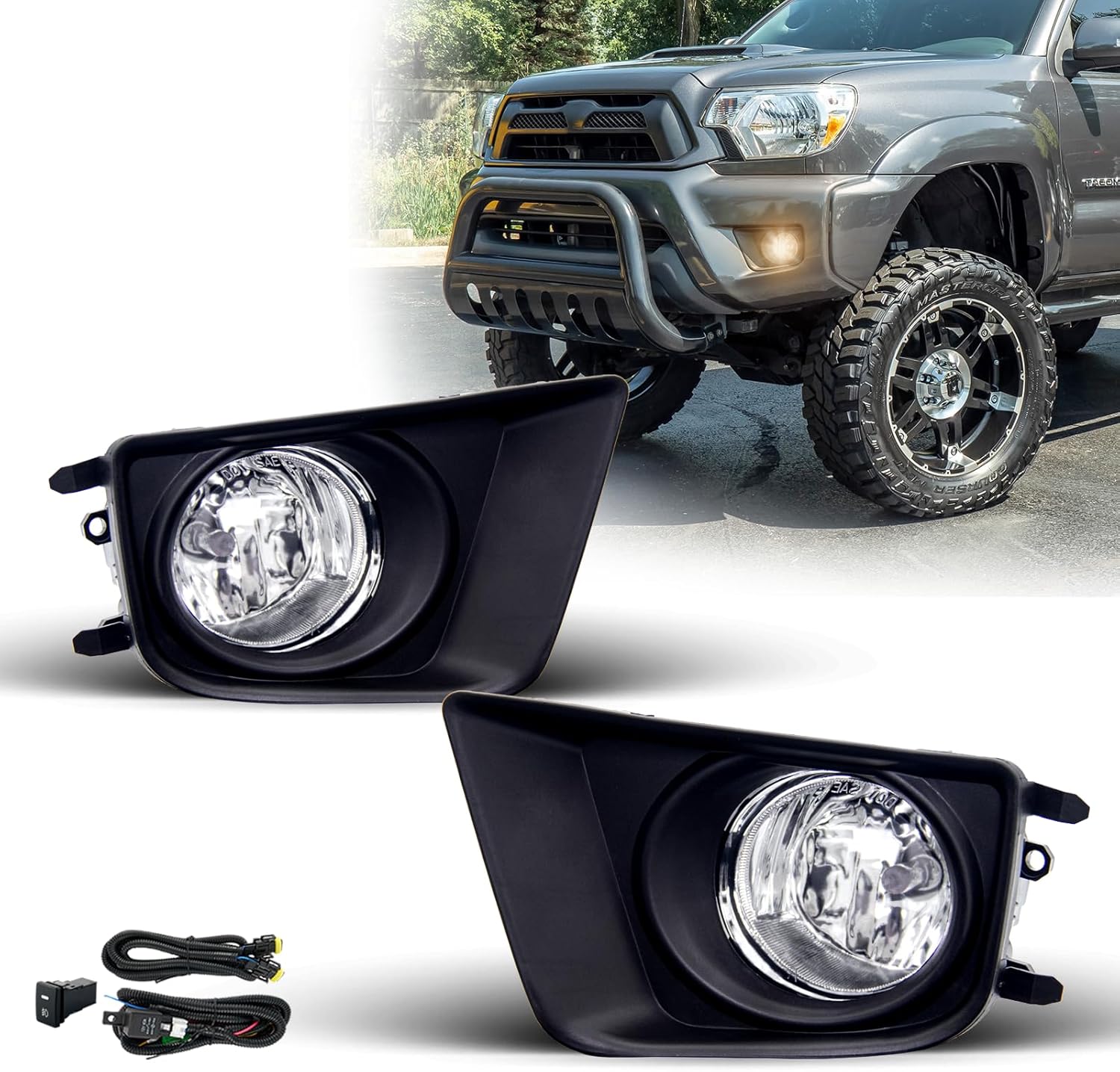 Fog Lights Assembly for 2012 2013 2014 2015 Toyota Tacoma Replacement Kit with Wiring and Switch H11 12V 55W Halogen Bulbs(Clear Lens)