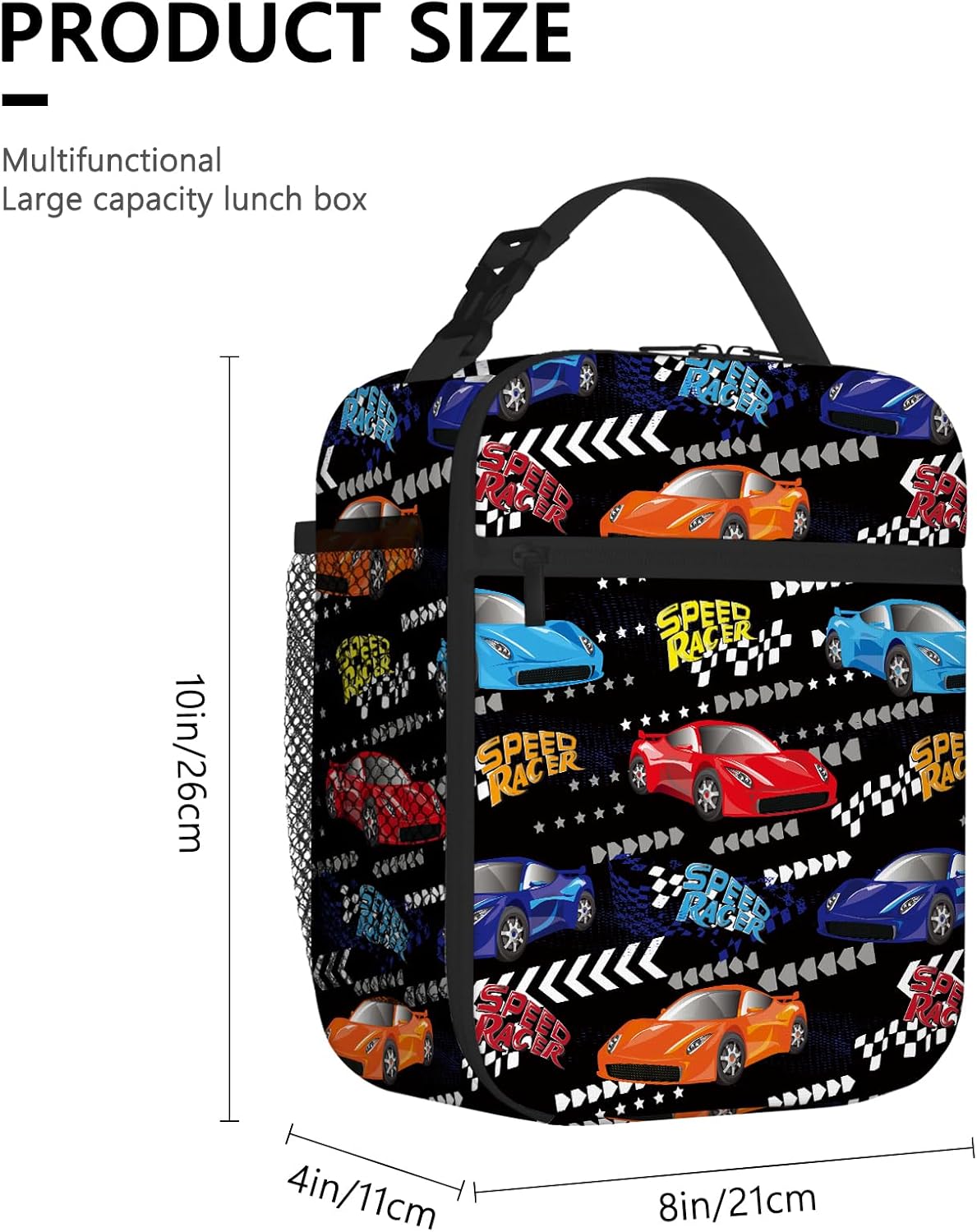 Kids Race Car Lunch Box, Funny Colorful Sports Car Speed Racer Lunch Bag for Boys Kids Men, Boys Cars Lunchbox, Black Portable Insulated Leakproof Cooler Lunch Tote Handbags for School - Image 3