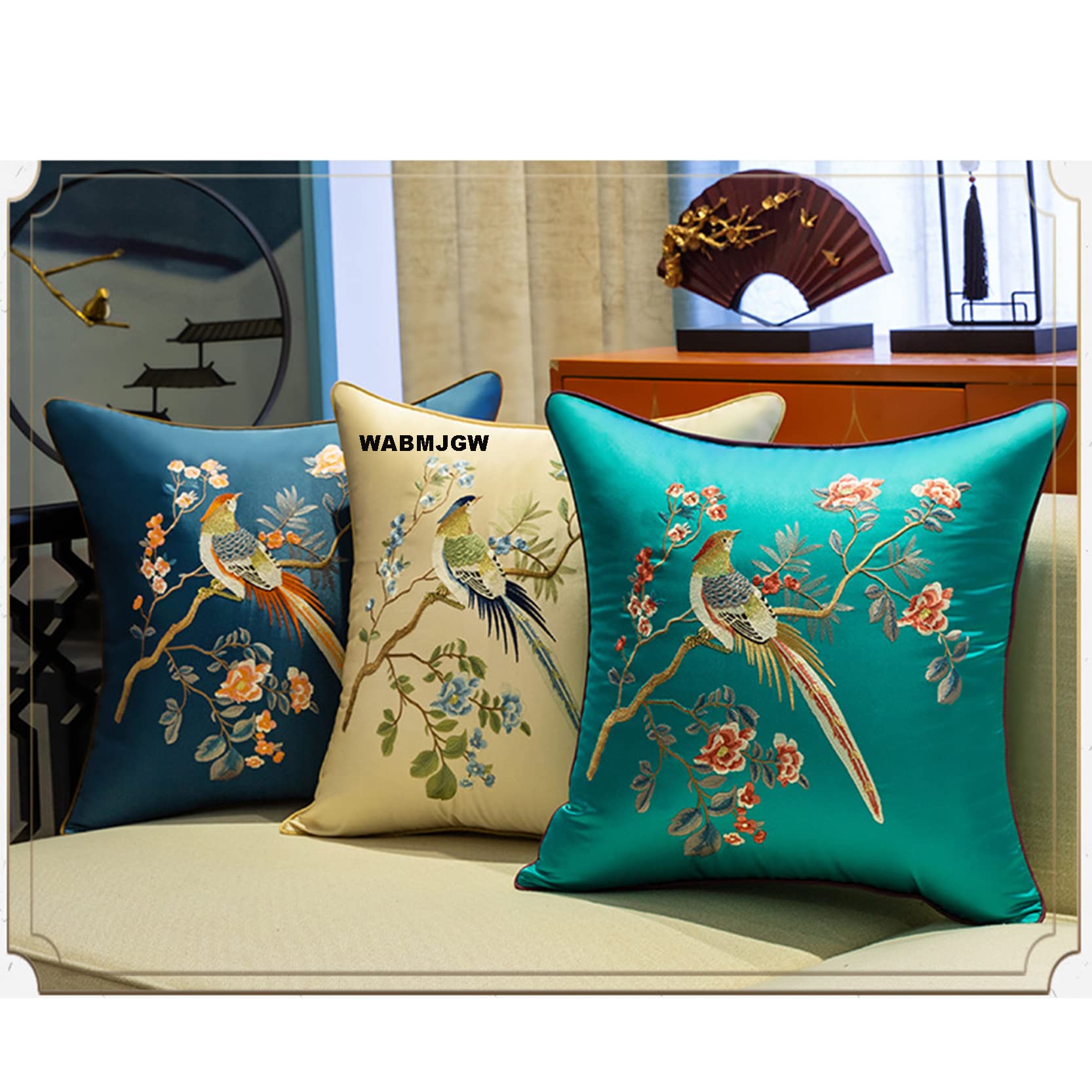 Juego de 2 fundas de almohada bordadas para pájaros, fundas de almohada decorativas de satén suave, estilo clásico, chino moderno, floral, para sofá, dormitorio, azul oscuro, 60 x 60 cm