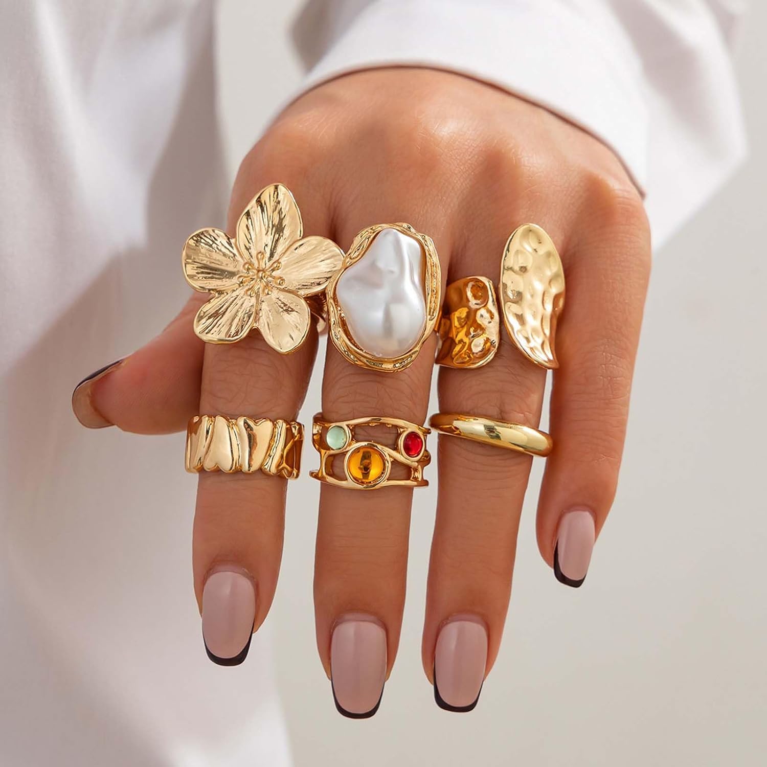 Chunky Gold Rings for Women Non Tarnish Knuckle Ring Big Pearl Flower Rings Adjustable Statement Ring Stacking - Image 2