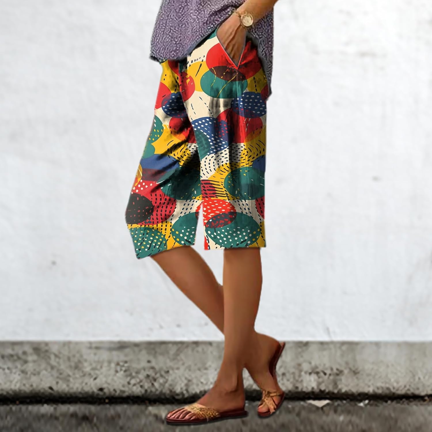 Summer Shorts for Women 2025 Vintage Floral Business Casual High Waisted Elastic Waist Wide Leg Pants - Image 2