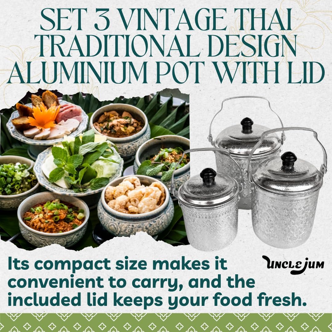 Set of 3 Vintage Thai Traditional Design Aluminum Silver Round Pot with Lid, Versatile Food Container, Lunch Box Carrier, Home Decoration