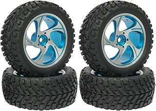 WONFAST 4PCS RC Rally Car Tires 75mm Rubber Tyres and 5-Spoke Metal Aluminium Alloy Wheels Rims Set for 1/10 RC On-Road Flat Running Racing Rally Truck Car for Traxxas Kyosho TamiyaHPI HSP(Blue)