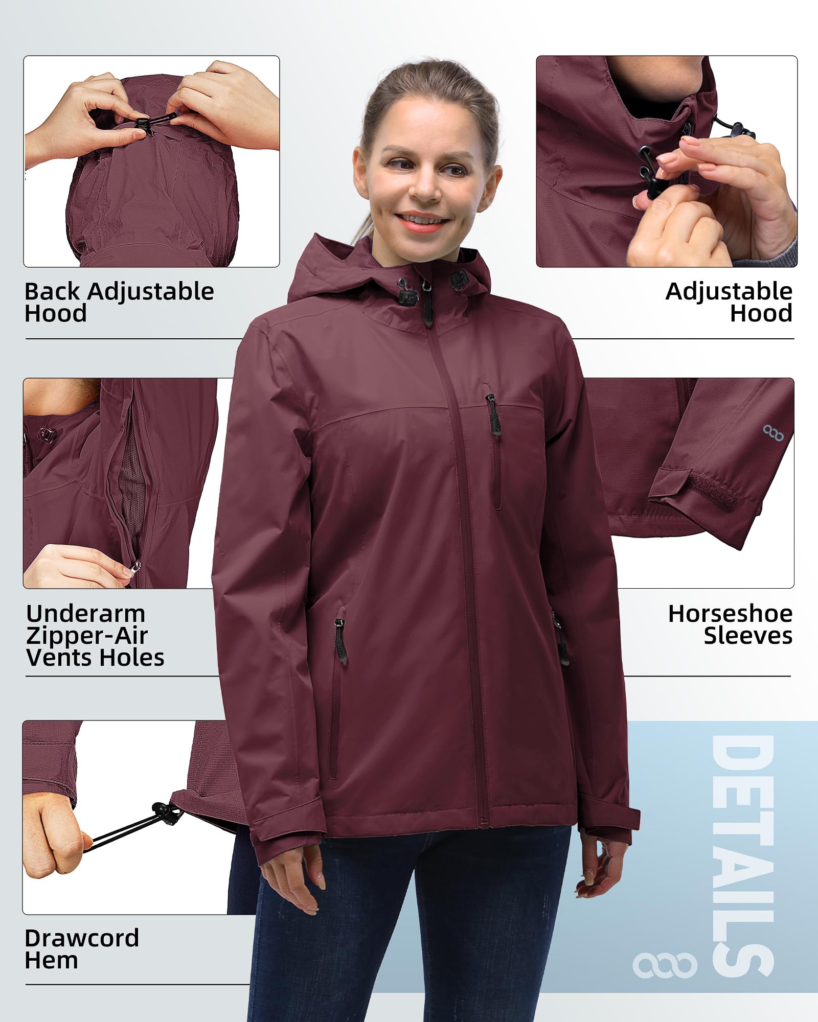 33,000ft Chubasquero para mujer, resistente al agua, chaqueta de exterior, transpirable, chaqueta de entretiempo, chaqueta ligera con capucha, cortavientos, para senderismo, viajes, senderismo y