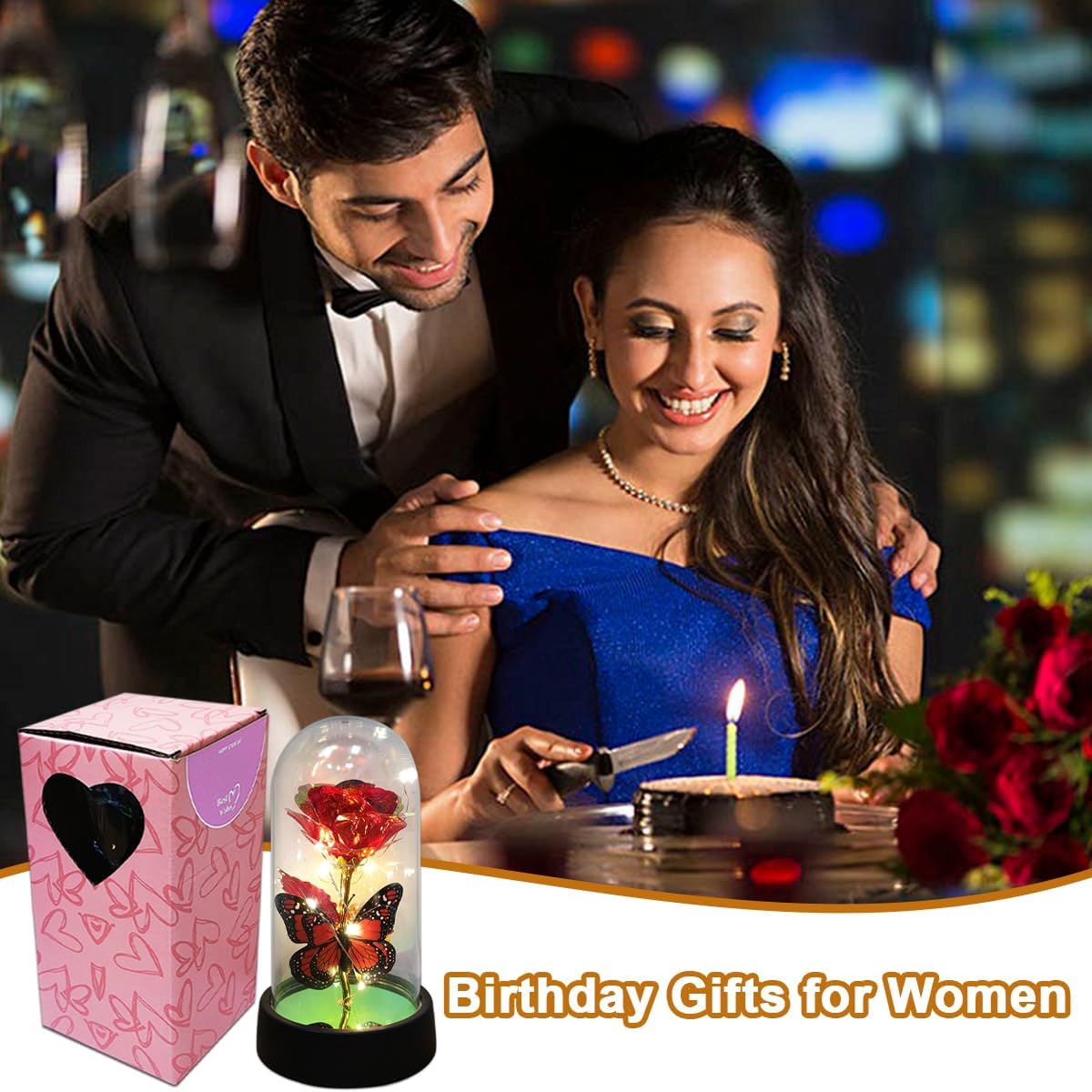 Forever Rose for Women Mom Wife,Mothers Day Forever Rose Gift Ideas,Galaxy Rose Flower Light Up in Glass Dome, Eternal Roses Birthday Butterfly Gifts for Women - Image 5