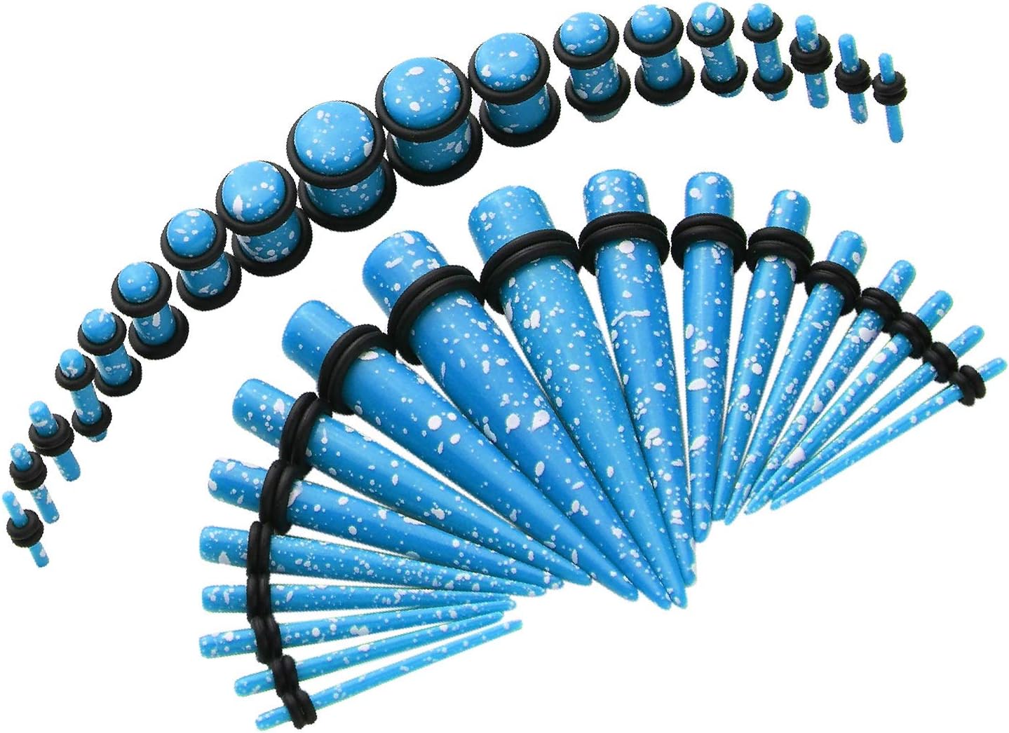 BodyJ4You 36PC Gauges Kit Ear Stretching 14G-00G Light Blue Dot Splatter Acrylic Taper Plug Piercing