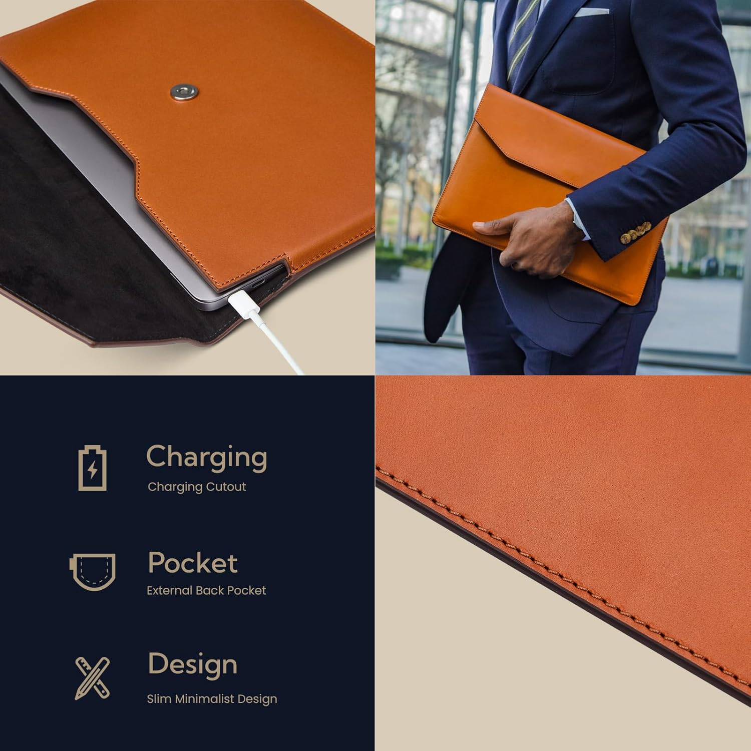 16 inch Premium Full-grain Leather Laptop Sleeve Case - Compatible with MacBook Pro M1/M2/M3/M4 (2019-24) & Air 15-inch (2023-24) - Loose Fit, Razer Blade 15, Microsoft Surface Laptop 3 - Tan - Image 5