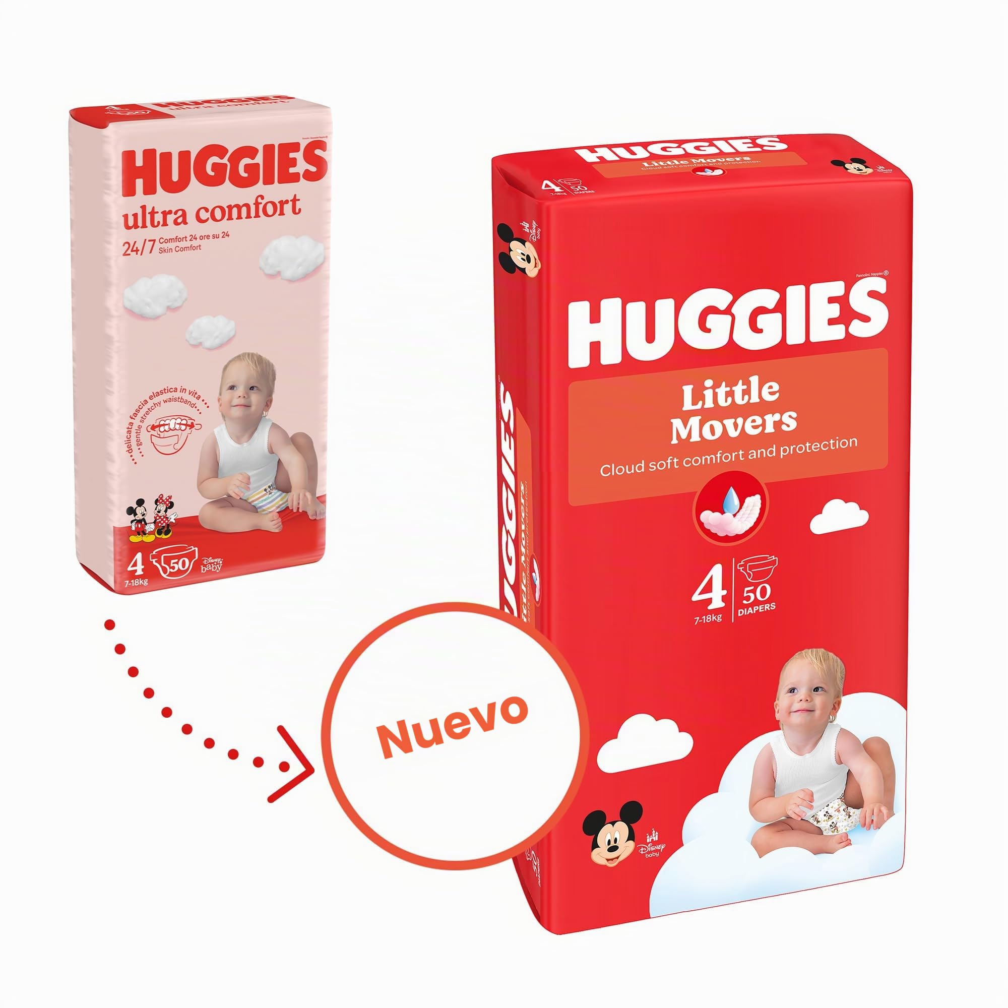 Huggies Little Movers Pañales para Bebé con Diseños Disney Talla 4 (7-18 kg), Comodidad para la Piel 24/7, 3 Packs de 50, Total 150 Pañales
