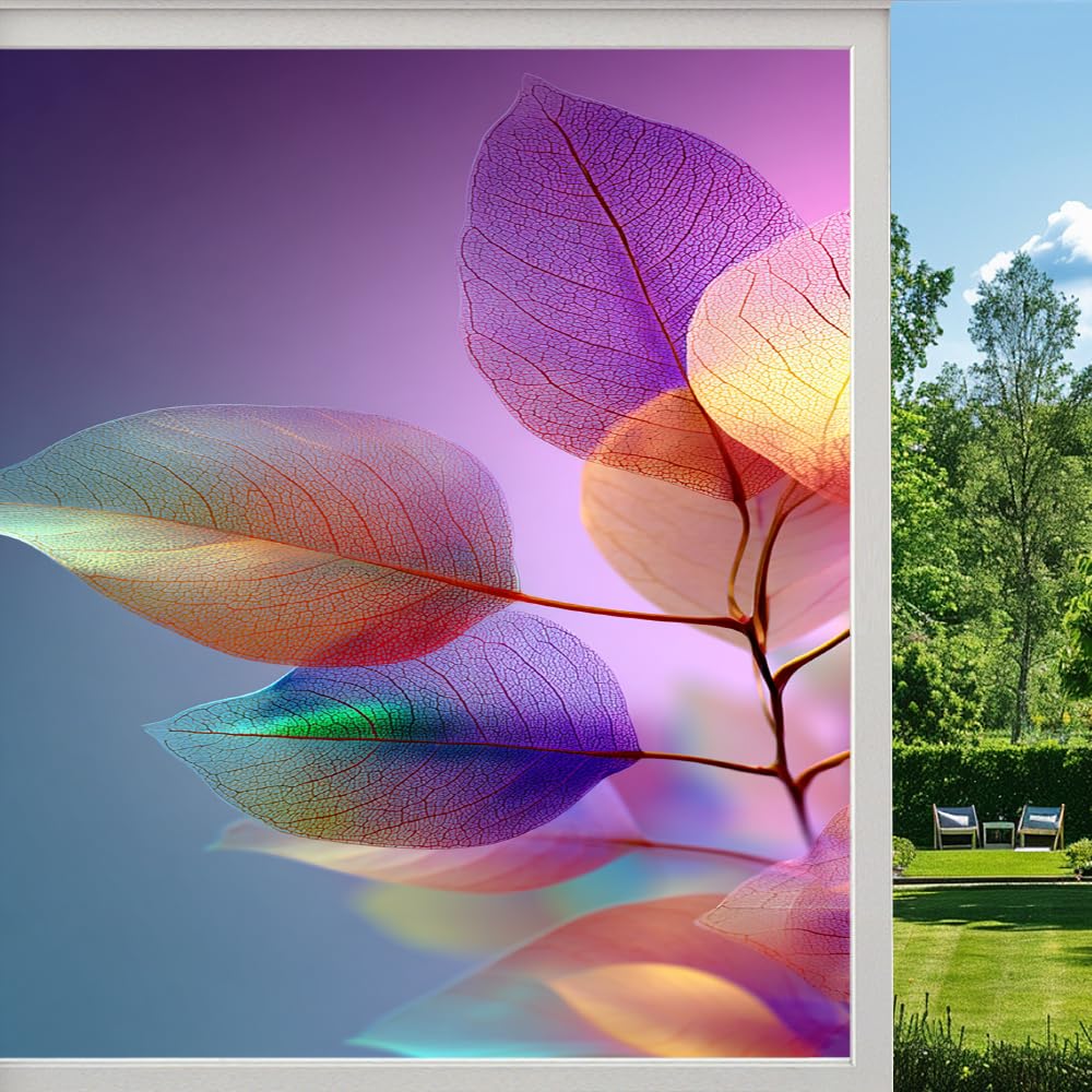 Pmlbaous Colorful Leaves Frosted Window Film, Leaf Plant Texture Stained Glass Privacy Film, Heat Insulation Self-Adhesive Vinyl For Bathroom Office, （80X120cm）