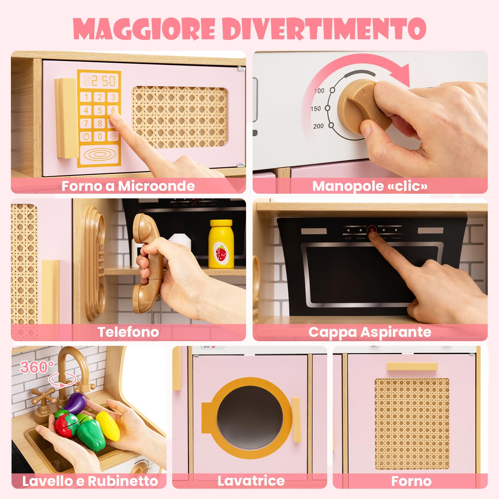 RELAX4LIFE Cucina Giocattolo per Bambini, Effetti Sonori e Luminosi, Gioco Cucina in Legno con Frigo, Microonde, Forno, Lavatrice, Mini Cucina per Bambini 3-6 Anni (Rosa)