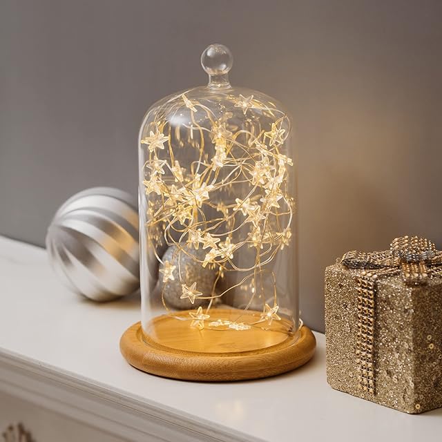 40 LED Star Timer Lights - Warm White 8 Function Waterproof Silver Copper Wire String Lights - Indoor & Outdoor Battery Fairy Lights with Timer