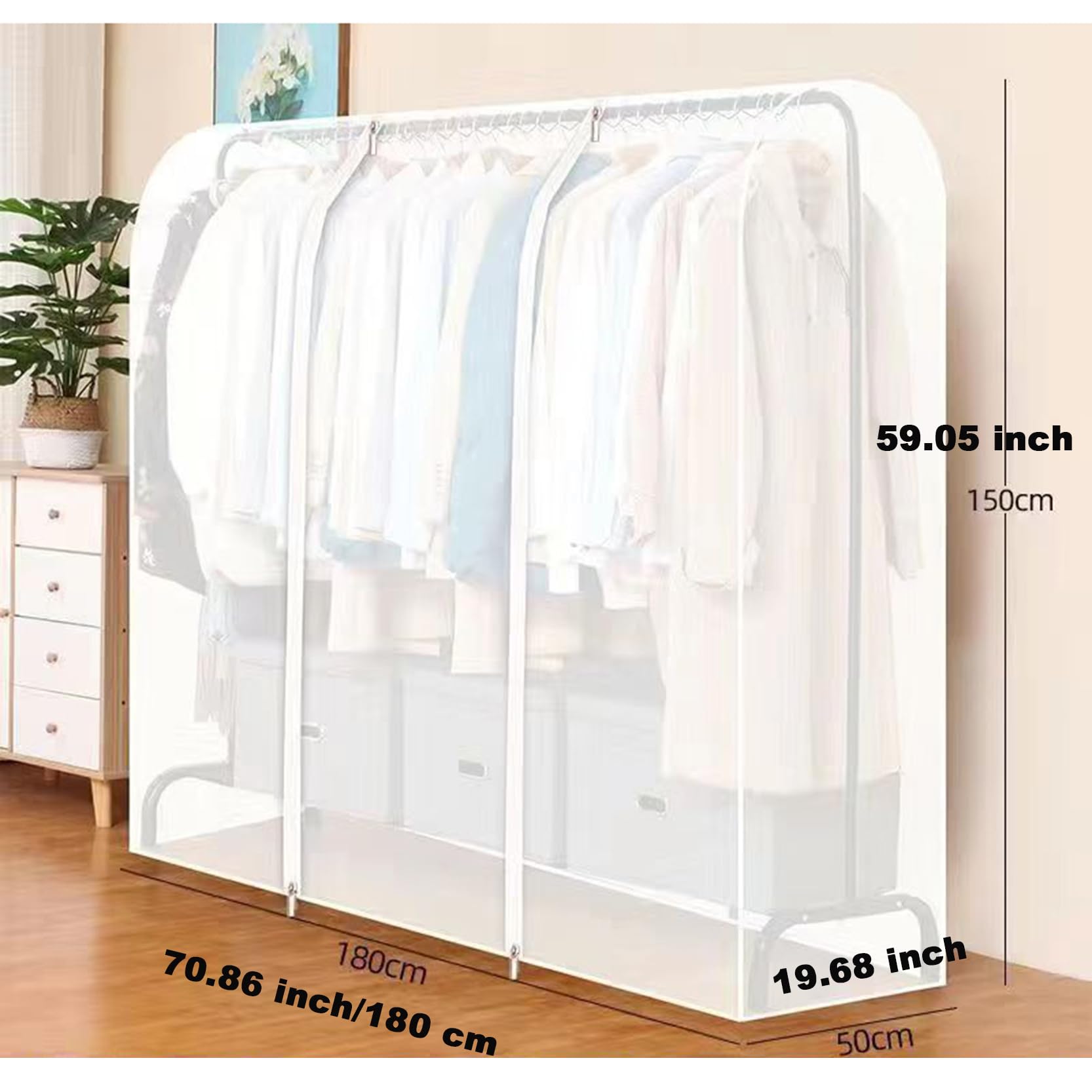 Copertura Antipolvere per Appendiabiti con Cerniera,Copertura Trasparente Extra Lunga da 6,56 Piedi per Appendiabiti, Protezione per grucce in PEVA Spesso per Abiti, Vestiti,A-180x50x150cm
