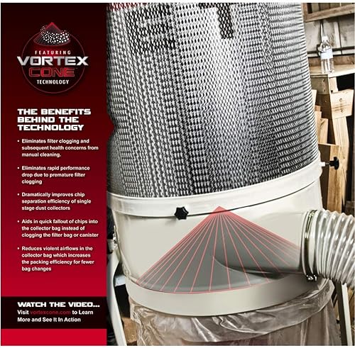 Miniatura 3 de JET Colector de polvo de cono Vortex, filtro de bolsa de 30 micrones, 2 HP, 230460V 3Ph (modelo DC-1200VX-BK3)