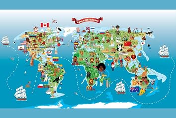 Map of the World Cartoon Style Classroom Travel World Map with Cities in Detail Geographical Illustration Tourist Travel Cool Wall Art Print Poster 18x12