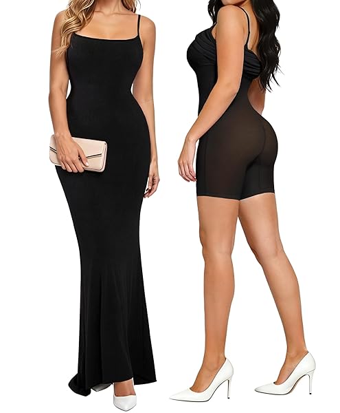 Popilush Formal Dresses for Women Maxi Black Dress Built in Bra Summer Shapewear Tummy Control Bodycon Spaghetti Strap Slip