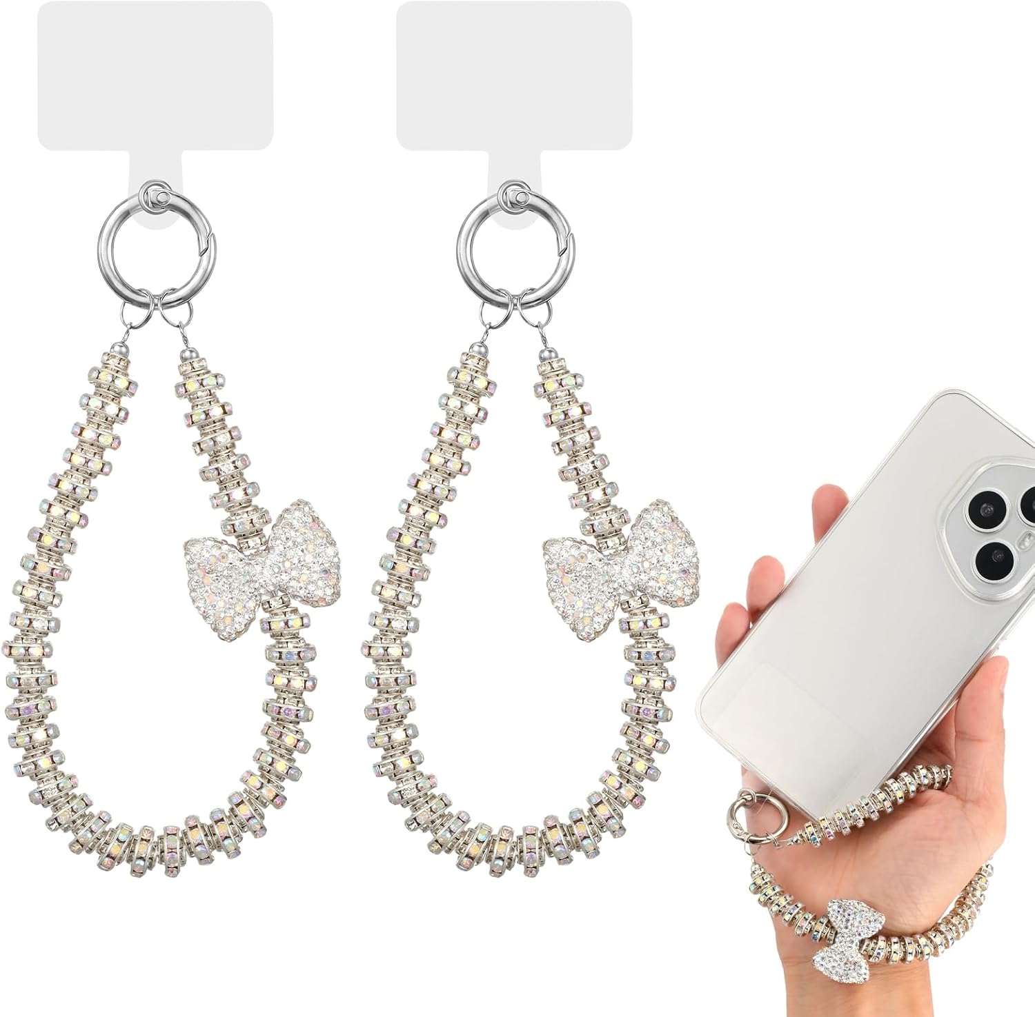 Amabro 2Pcs Diamond Rhinestone Beaded Phone Wrist Strap＆Tether Tab Women