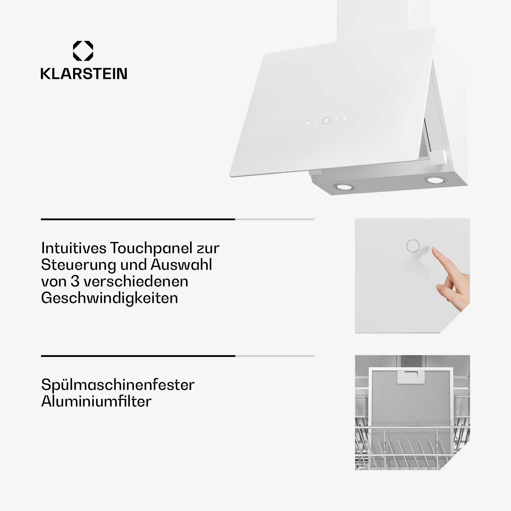 Klarstein MaxAir Dunstabzugshaube - 50 cm kopffreie Haube, Touch-Bedienung, 183-336 m³/h Luftstrom, Energieeffizienzklasse A++, LED-Beleuchtung, Weiß, Abluft und Umluft, Leise 50 dB