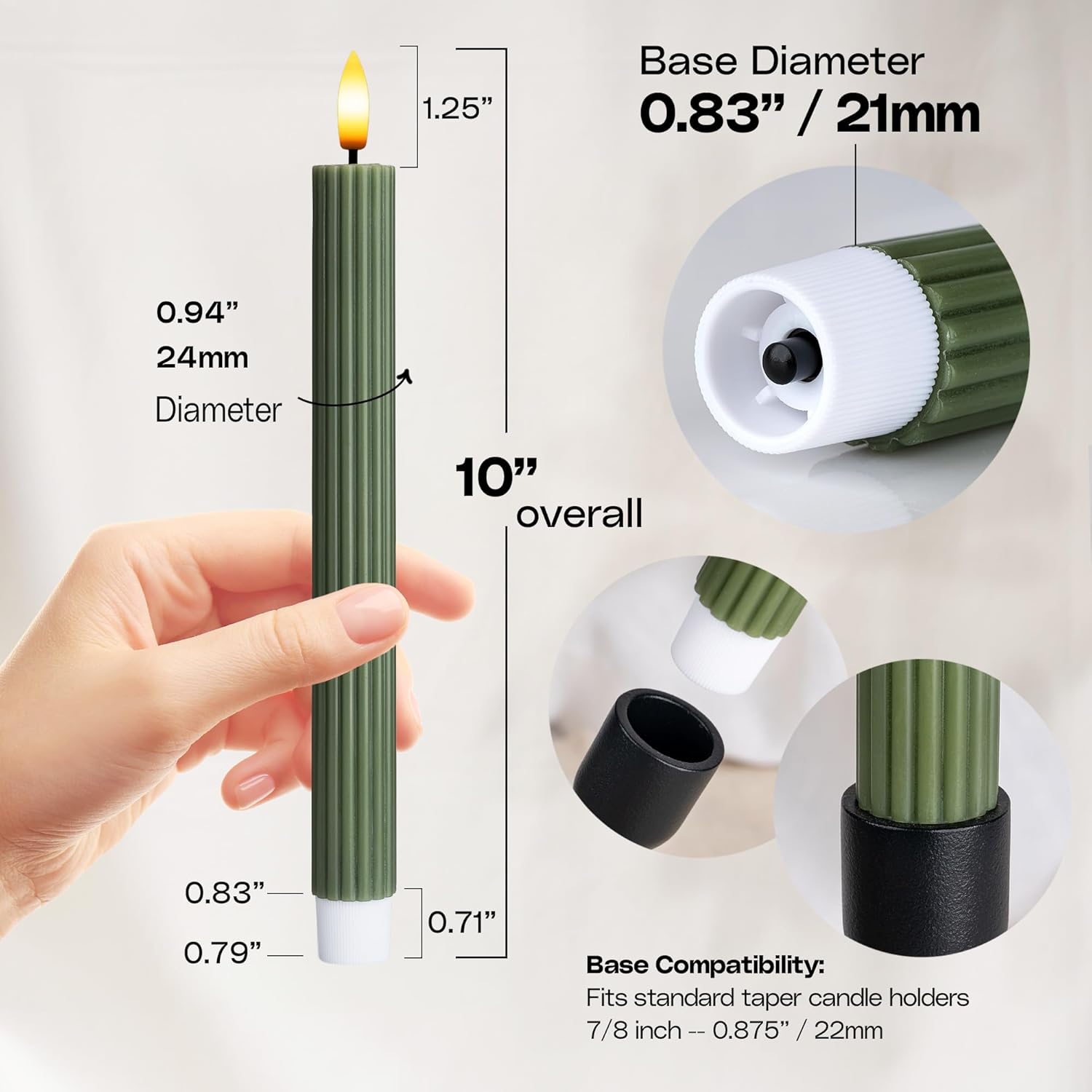 6 Pack, 10" LED Flameless Loden Green Fluted Ribbed Grooved Taper Candles, Remote & 24h Timer Memory, On/Off Button, Dimmable, Flicker Mode, Battery Operated, Christmas Menorah Wedding
