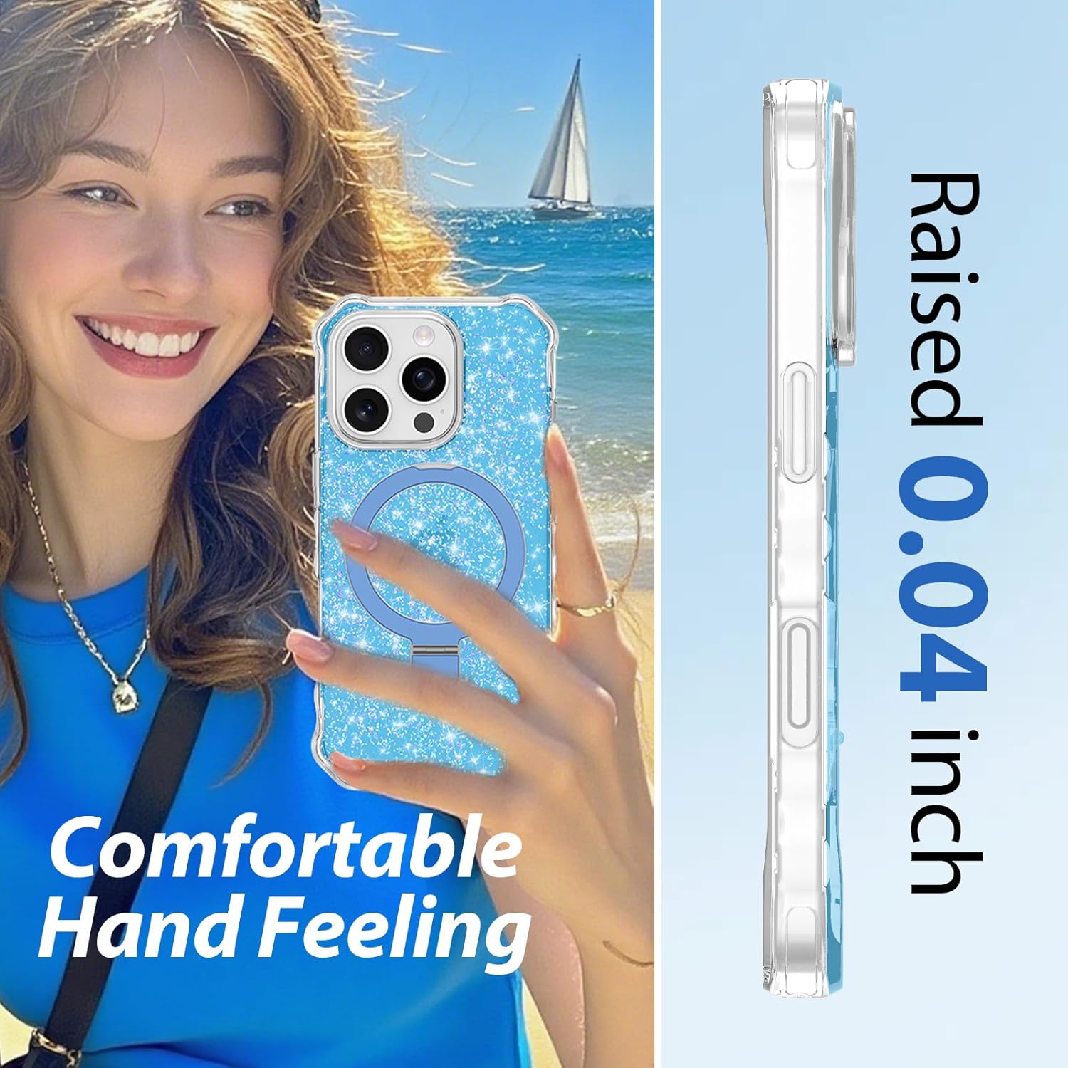 Magnetic for iPhone 16 Pro Case with Invisible Stand, Compatible with MagSafe, Clear Bling Sparkle Shockproof Slim Anti-Slip Military Drop Protection Hard Phone Case 6.1" Glitter Blue
