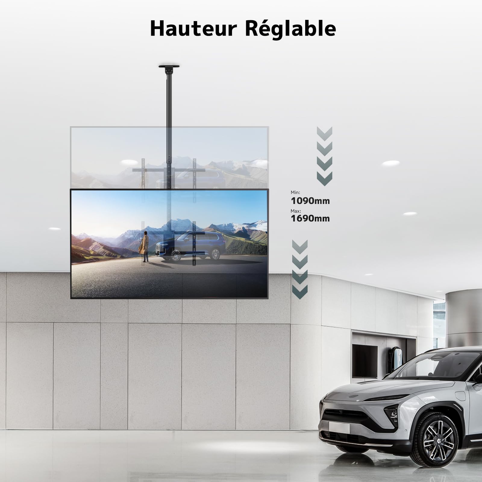 Support Plafond TV pour Télés 43-86" Jusqu'à 60kg, 360° Pivotant et -25° Inclinable, Nivellement ±3°, VESA Max 600x400, Compatible Plafonds Plats/Inclinés, Écrans Courbes