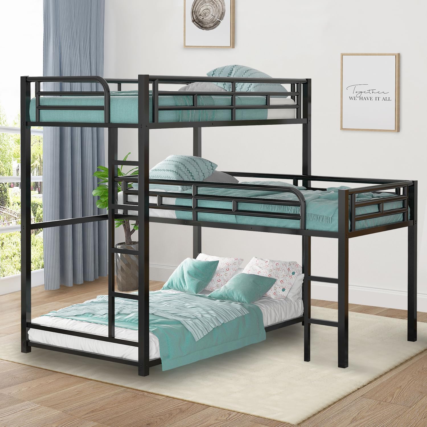 INCLAKE Metal Triple Bunk Bed, L-Shaped Bunk Bed for 3, Twin Size Bunk Bed Frame with Full-Length Guardrails & Long & Short Ladders, Space Saving Bunk Bed for Children, No Box Spring Needed, Black