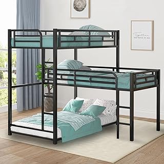 INCLAKE Metal Triple Bunk Bed, L-Shaped Bunk Bed for 3, Twin Size Bunk Bed Frame with Full-Length Guardrails & Long & Short Ladders, Space Saving Bunk Bed for Children, No Box Spring Needed, Black