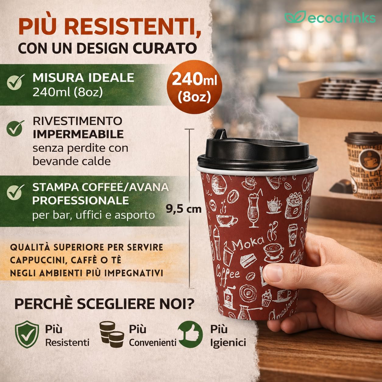 200 Bicchieri di Carta con Coperchio da 240ml - Ideali per Cappuccino, Tè, Caffè - Biodegradabile e Resistenti - Per Bar, Ufficio e Asporto - Design Elegante