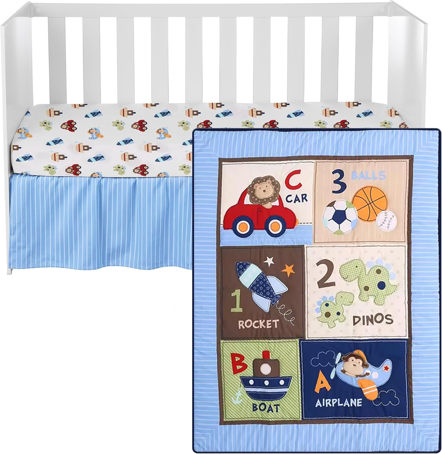 Baby Crib 3-Piece Bedding Set – Light Blue with Safari Animals, Dinosaurs, and Woodland Designs