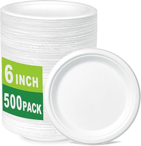 CantaGreen 500 Count 6 Inch Small Heavy Duty Compostable Dessert Plates, Biodegradable Bagasse and Bamboo Fiber Paper Plates